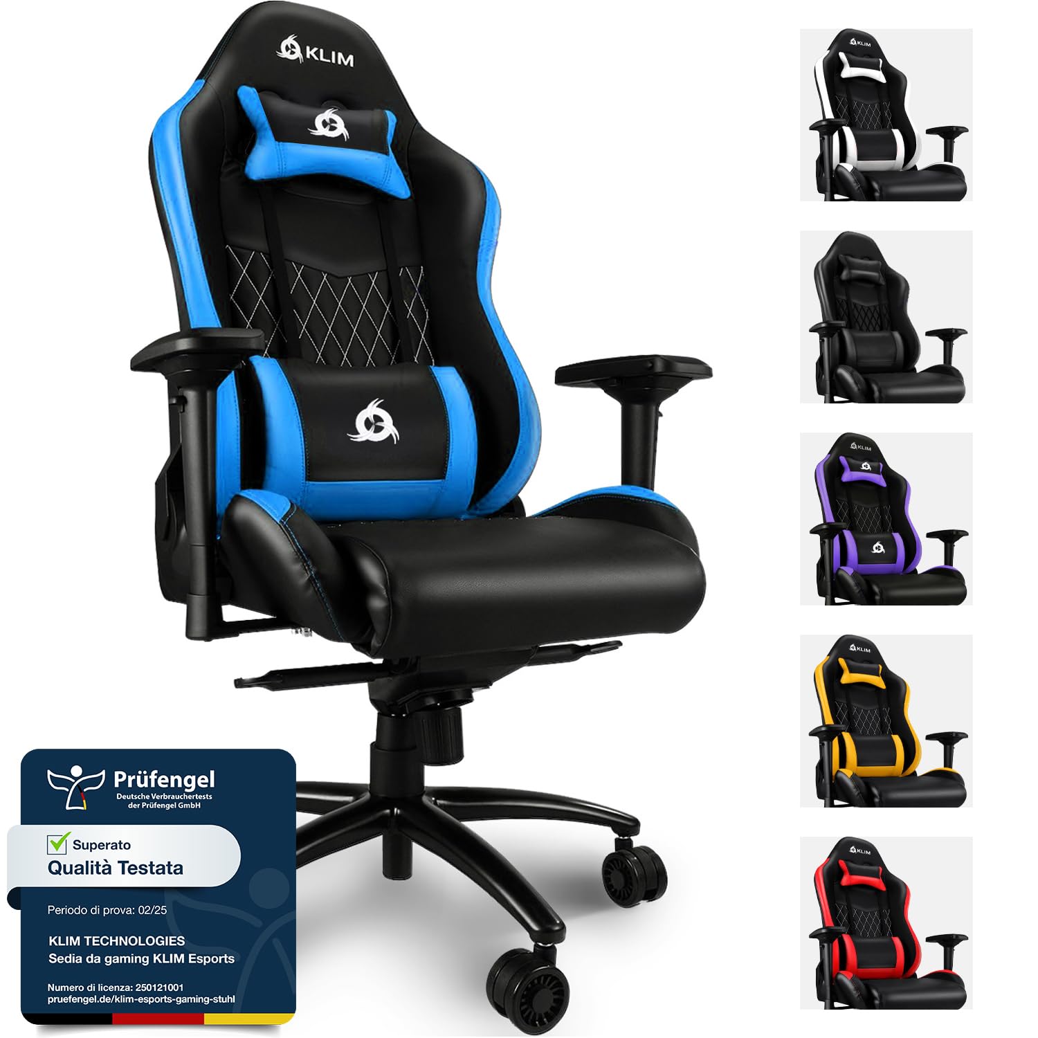 KLIM eSports - Sedia gaming blu di Alta Qualità + Supporto Lombare e Cervicale + Reclinabile + Poltrona Gaming Ergonomica e Regolabile + Pelle Sintetica e Materiali Premium [NUOVA VERSIONE]