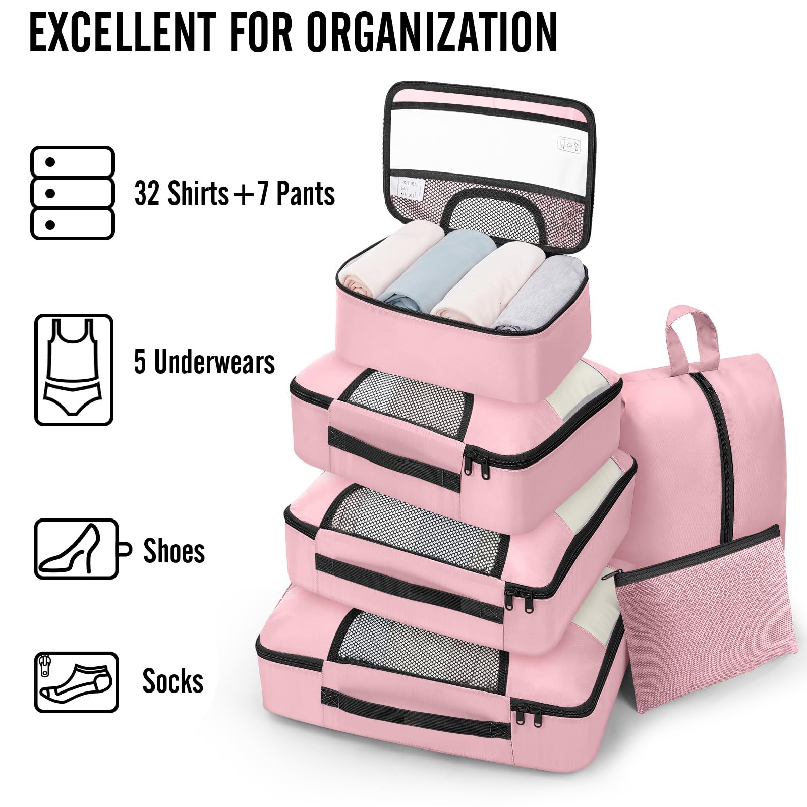 Veken 8 Set Packing Cubes for Travel Essentials,Anti-Wrinkle Buckled Suitcase Organizer for Shoe & Toiletry Bag,Carry On Luggage Bag with 99+ Count Mesh Holes for Airplane & College Dorm Accessories view 5