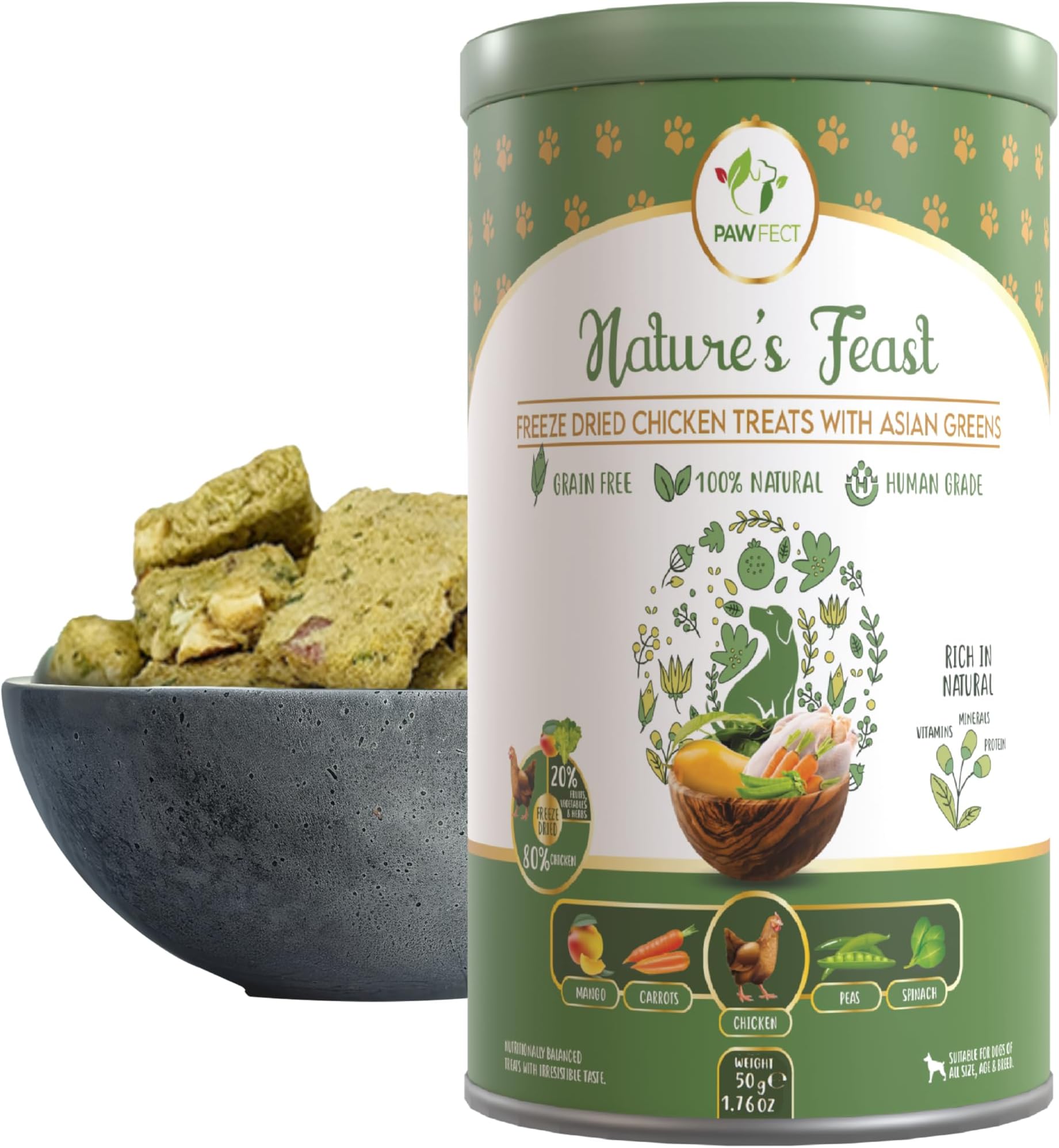 Pawfect Nature's Feast Freeze-Dried Chicken Treats with Asian Greens for Dogs - 80% Chicken, 20% Veggies & Fruits-100% Natural- Grain-Free- High Protein- Limited Ingredient Training Treat (50g/1.76oz)