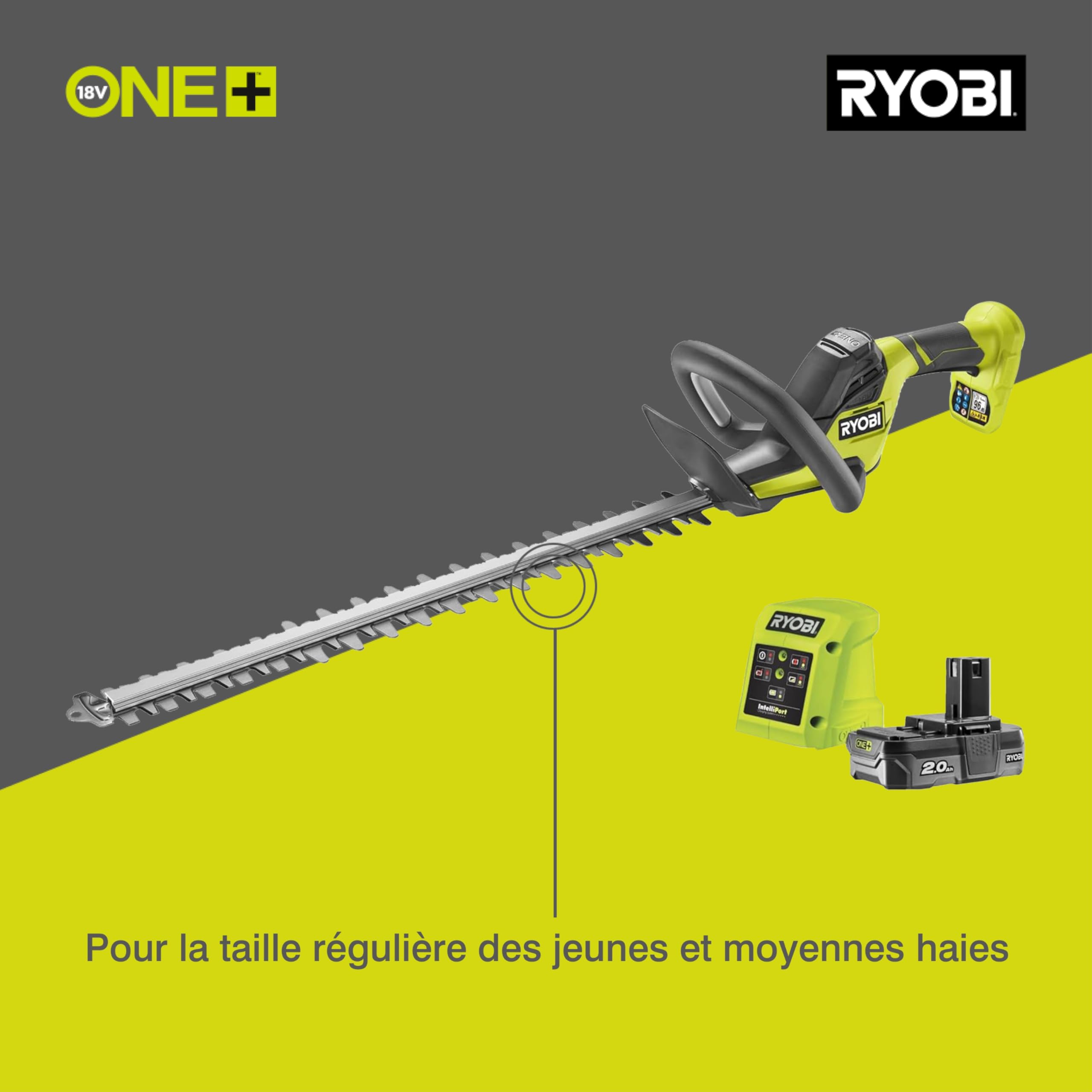 RYOBI - Cortasetos 18V One+ con Batería 18V One+ 2,0 Ah y Cargador 1,5A - Espada 55cm, Capacidad máx. 24mm, Velocidad 2700 RPM - Recogedor de Residuos HedgeSweep, Funda Protectora - RY18HT55A-120