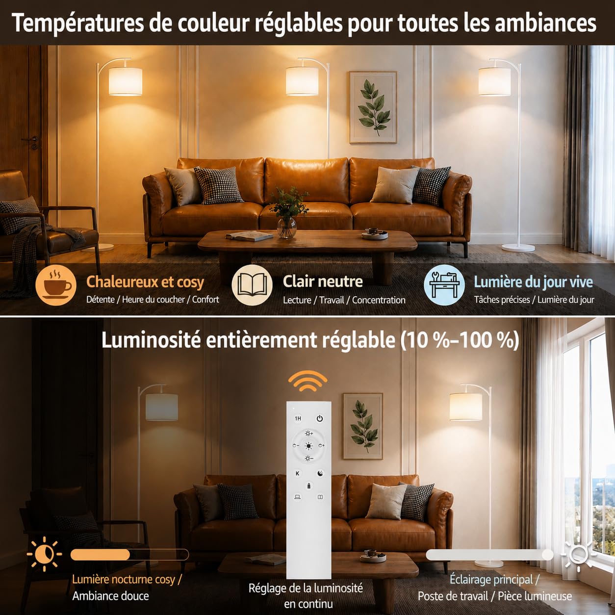 Torkase Lampadaire sur Pied LED Blanc à Arc avec Abat-Jour Tissu