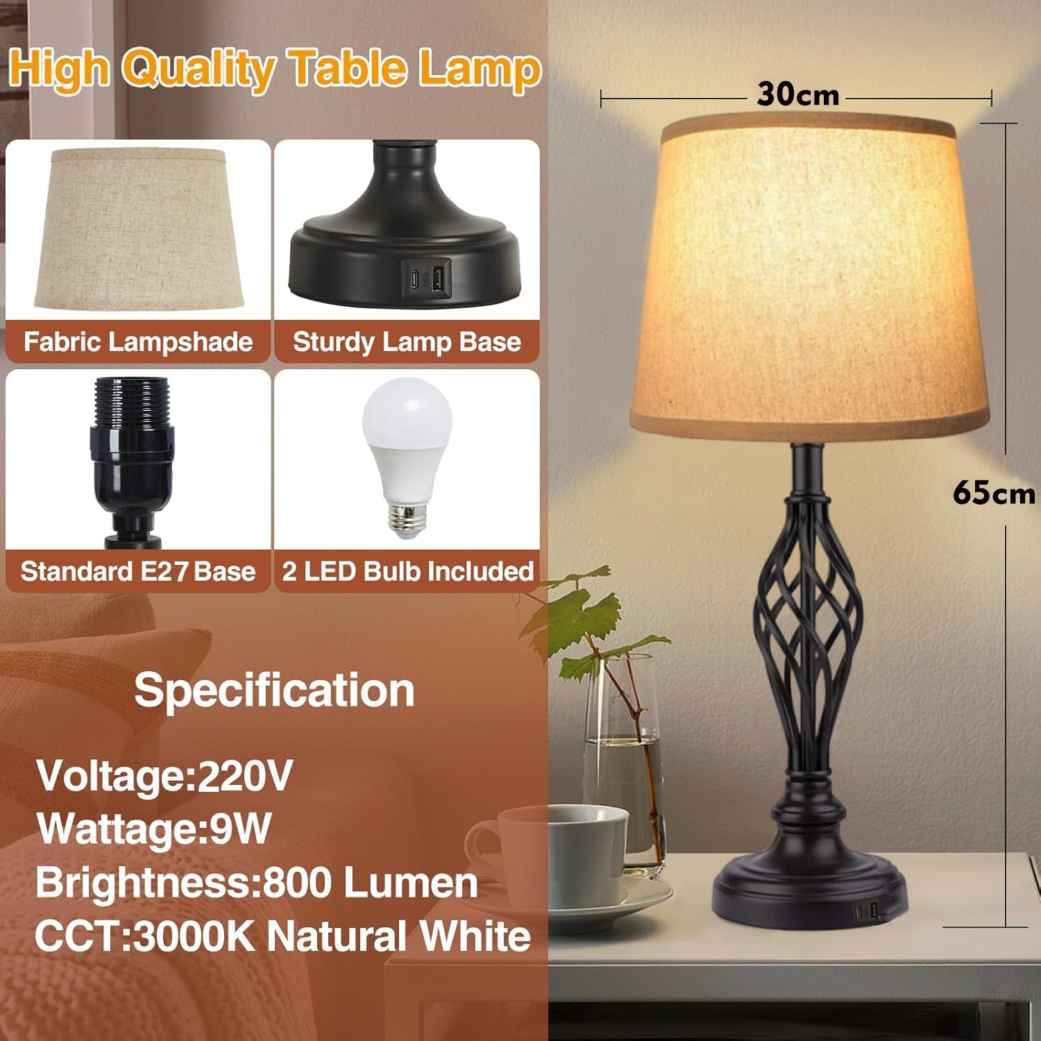 مصابيح طاولة LED تعمل باللمس طقم 2 قطعة مع منافذ U...