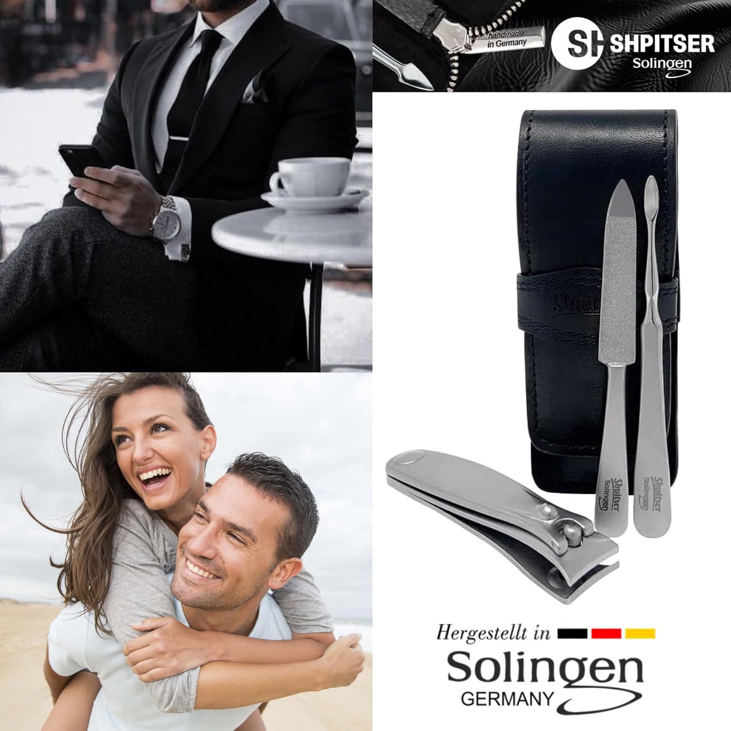Shpitser Solingen Luxuries TopInox Surgical Stainless Steel German Hand Sharpened Manicure Pedicure Travel Set Grooming kit In Italian Leather Case Made in Solingen Germany (Black)