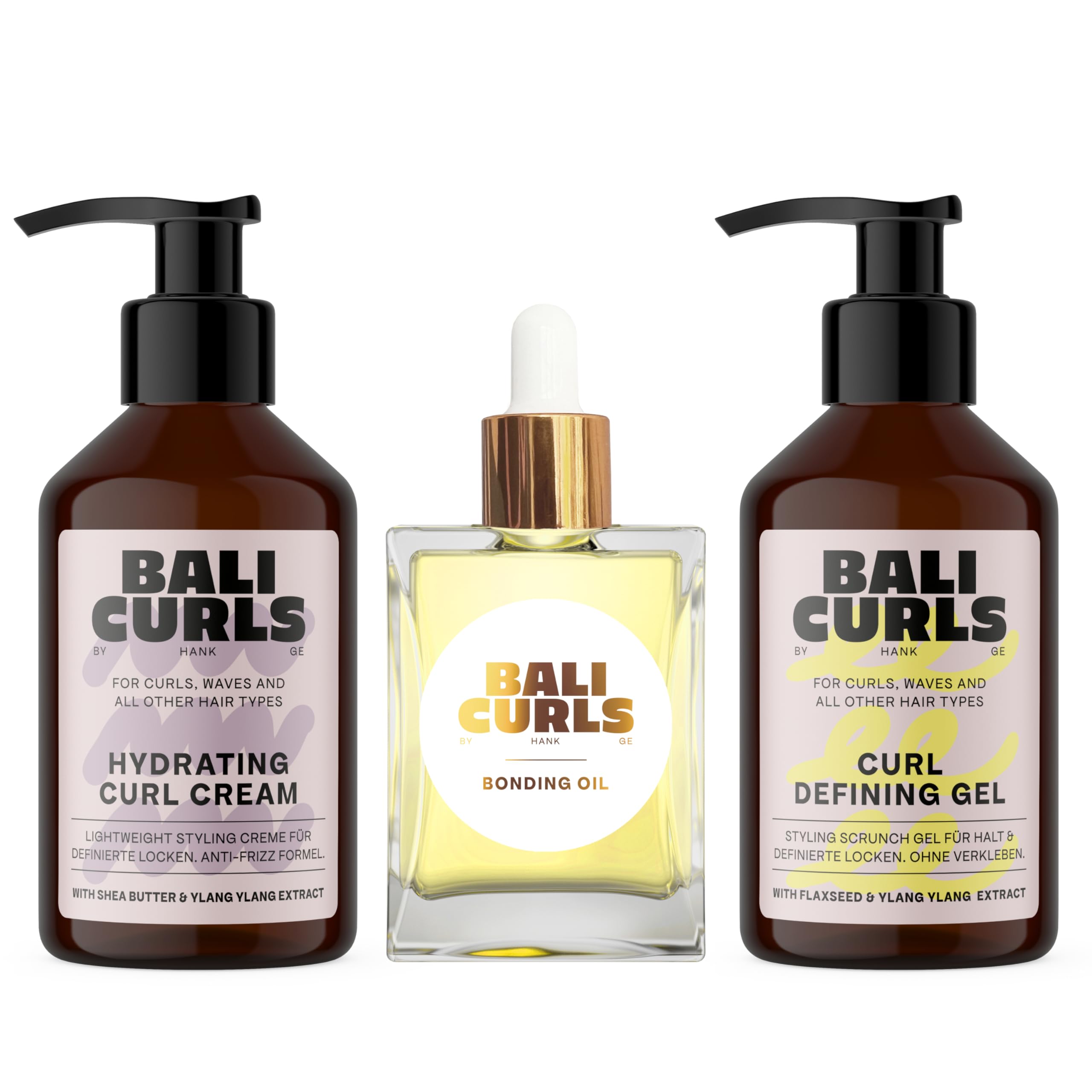 BALI CURLS Set – Gel définissant les boucles (150 ml), Crème hydratante pour boucles (150 ml) et huile de liaison (30 ml) – Kit de soin pour des boucles définies, brillantes et bien soignées