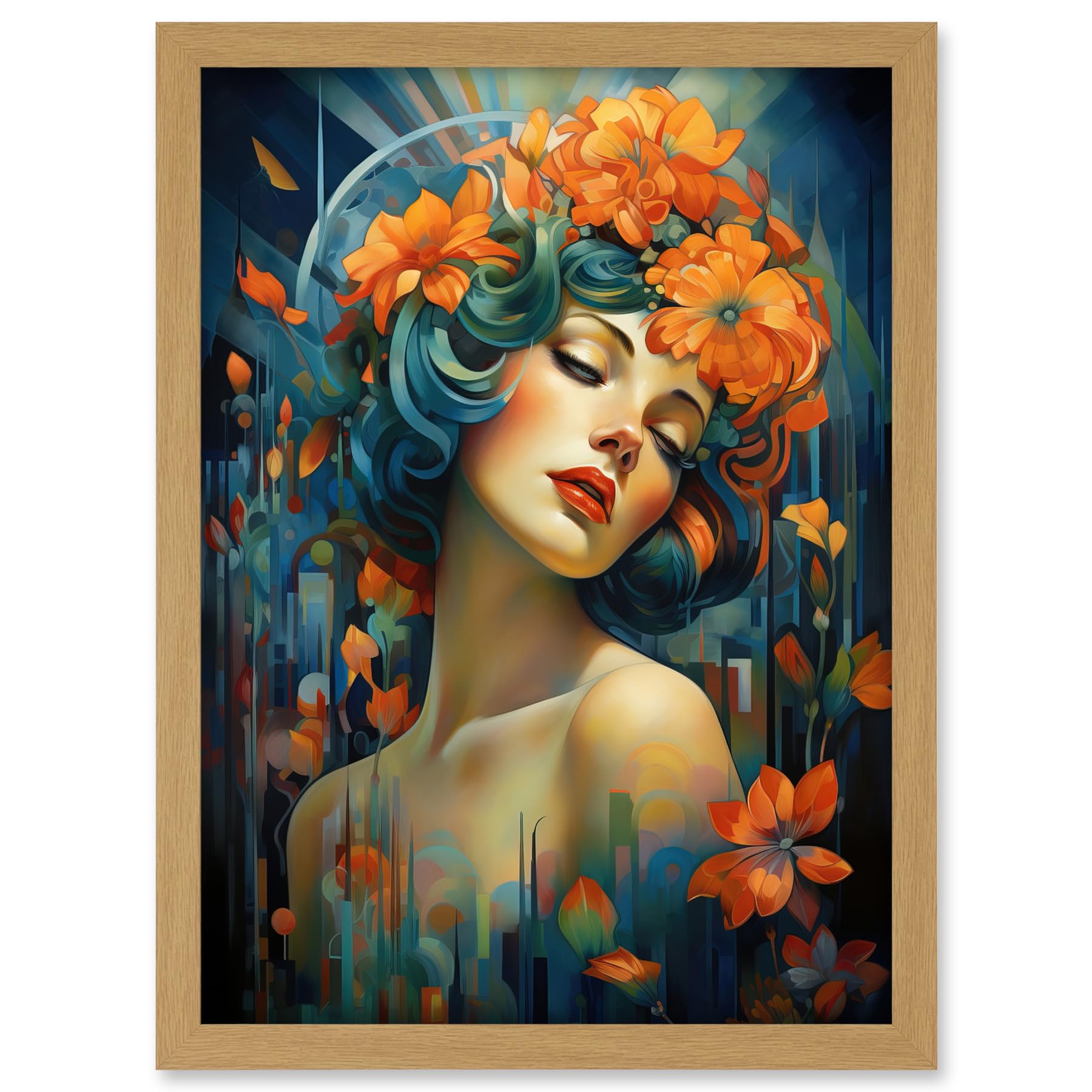 Artery8 Woman Portrait with Flowers Modern Art Deco Vibrant Artwork Orange Blue Floral Headband Artwork Framed A3 Wall Art Print