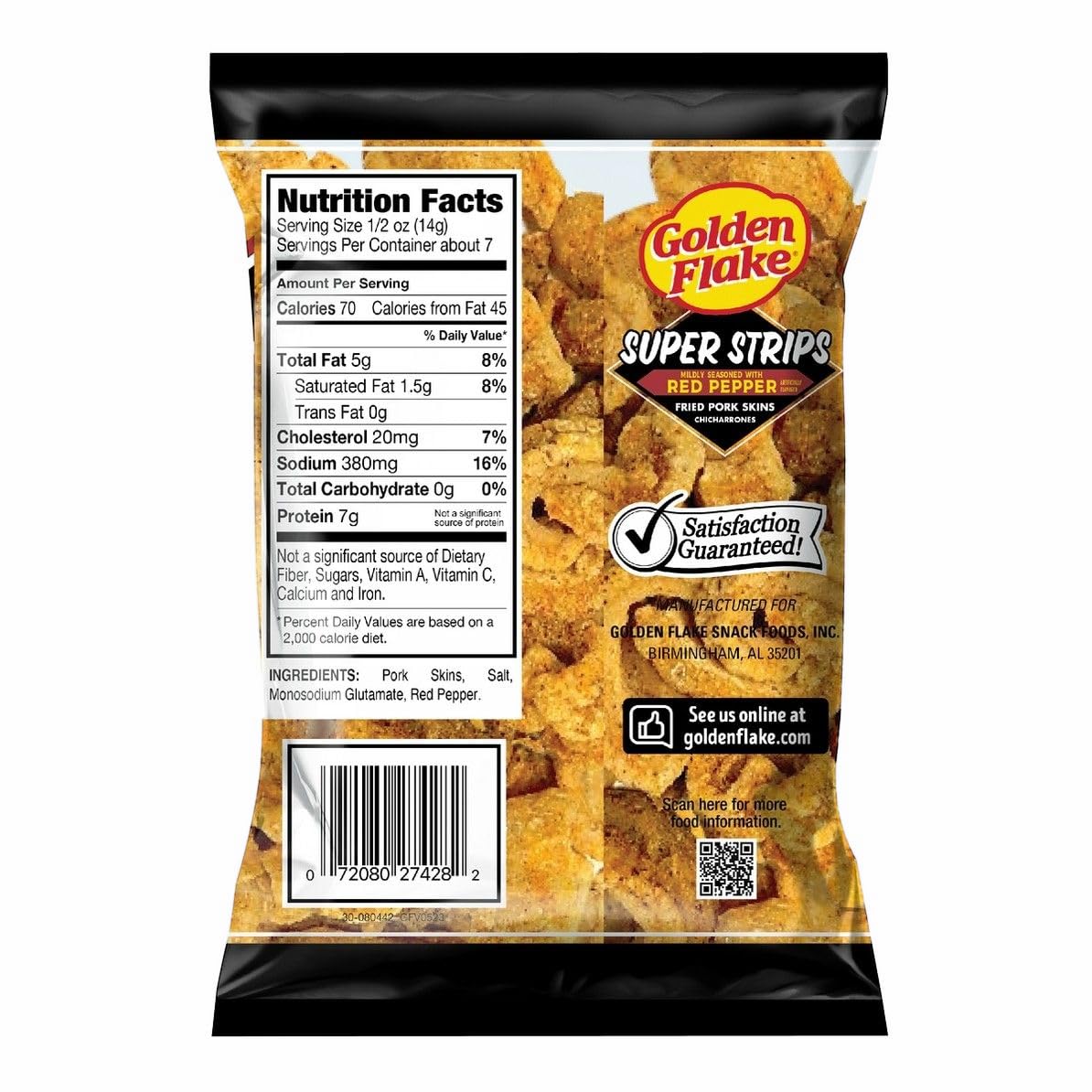 Golden Flake, Red Pepper Super Strips Fried Pork Skins Chicharrones, 3.5 Ounce