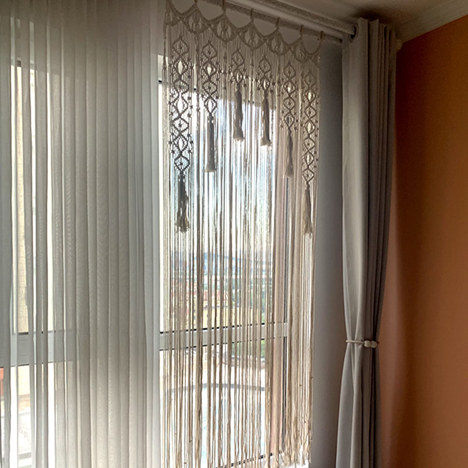 Jauhmui Boho Makramee Vorhang Wandtapisserie für Wohnzimmer, Schlafzimmer Balkon Deko Beige 85x200cm