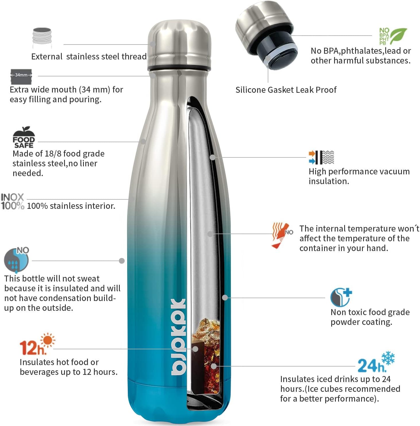 BJPKPK 17oz Insulated Stainless Steel Water Bottles,Sports Water Bottles Keep Cold for 24 Hours and Hot for 12 Hours,BPA Free for Travel,Blue Lagoon - Image 2