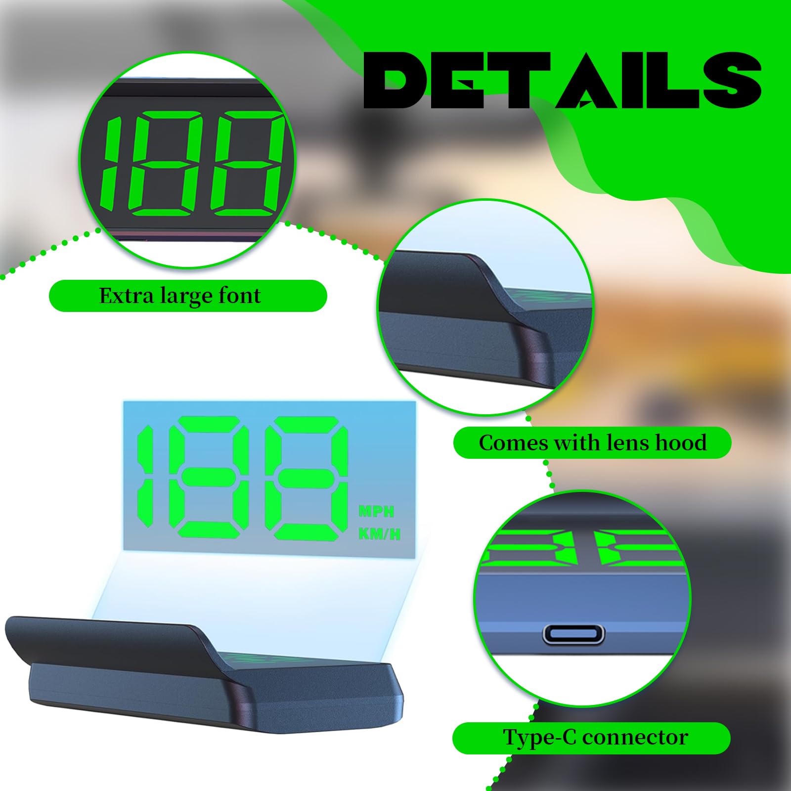HhBdy Head Up Display, 9 cm Velocimetro Coche USB Plug and Play Velocimetro Digital GPS Universal Pantalla Car Head Up Display con Capota para Todo Tipo de Vehículos (Luz Verde)
