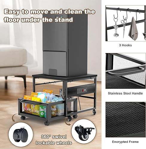 Miniatura 3 de Mini soporte para refrigerador con almacenamiento y ruedas, mini mesa de nevera resistente con tomas de corriente para refrigerador de 220 libras,