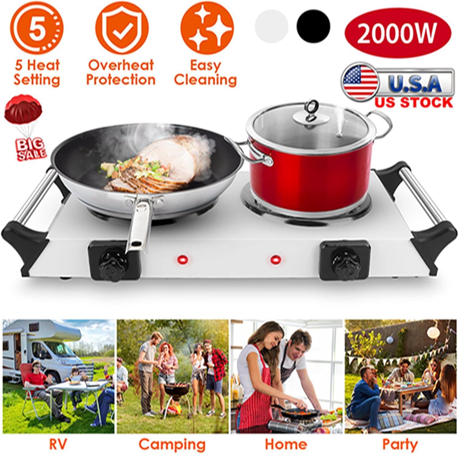 iMounTEK 2000W Electric Dual Burner Portable Coil Heating Hot Plate Stove Countertop RV Hotplate with 5 Temperature Adjustments Portable Handles/Sliver-Double