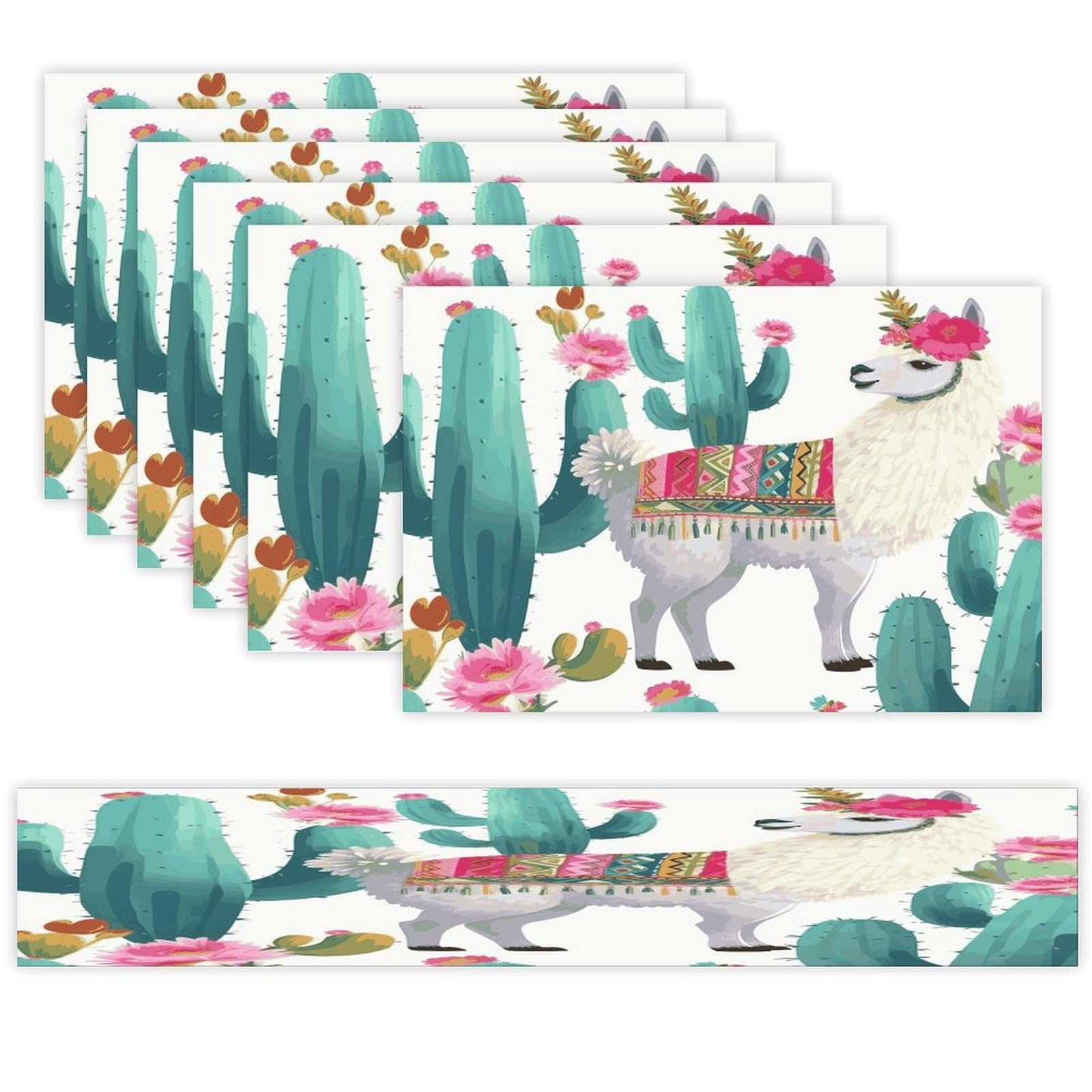 Tropical Llama Alpaca Cactus Flower Table Runner and Placemats Set of 6 Wipe Clean Heat Resistant Table Mat with Table Runner Decorations Flax Linen Place Mat Set for Home Kitchen Party Supplies