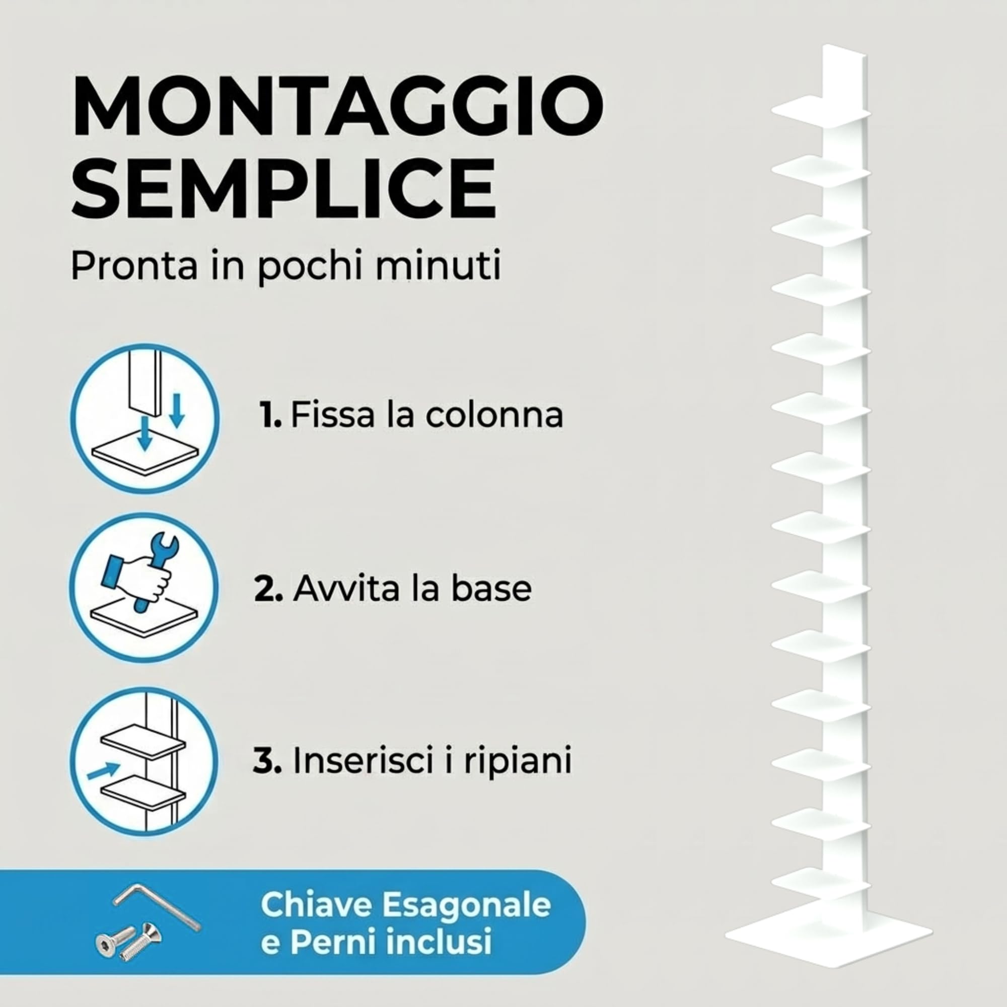 Flo.mar - Libreria a Colonna Bianca con 14 Ripiani 20x15cm - Libreria Verticale a Colonna da Terra con Base in Metallo 35x35 cm - Stretta e Alta 214 cm