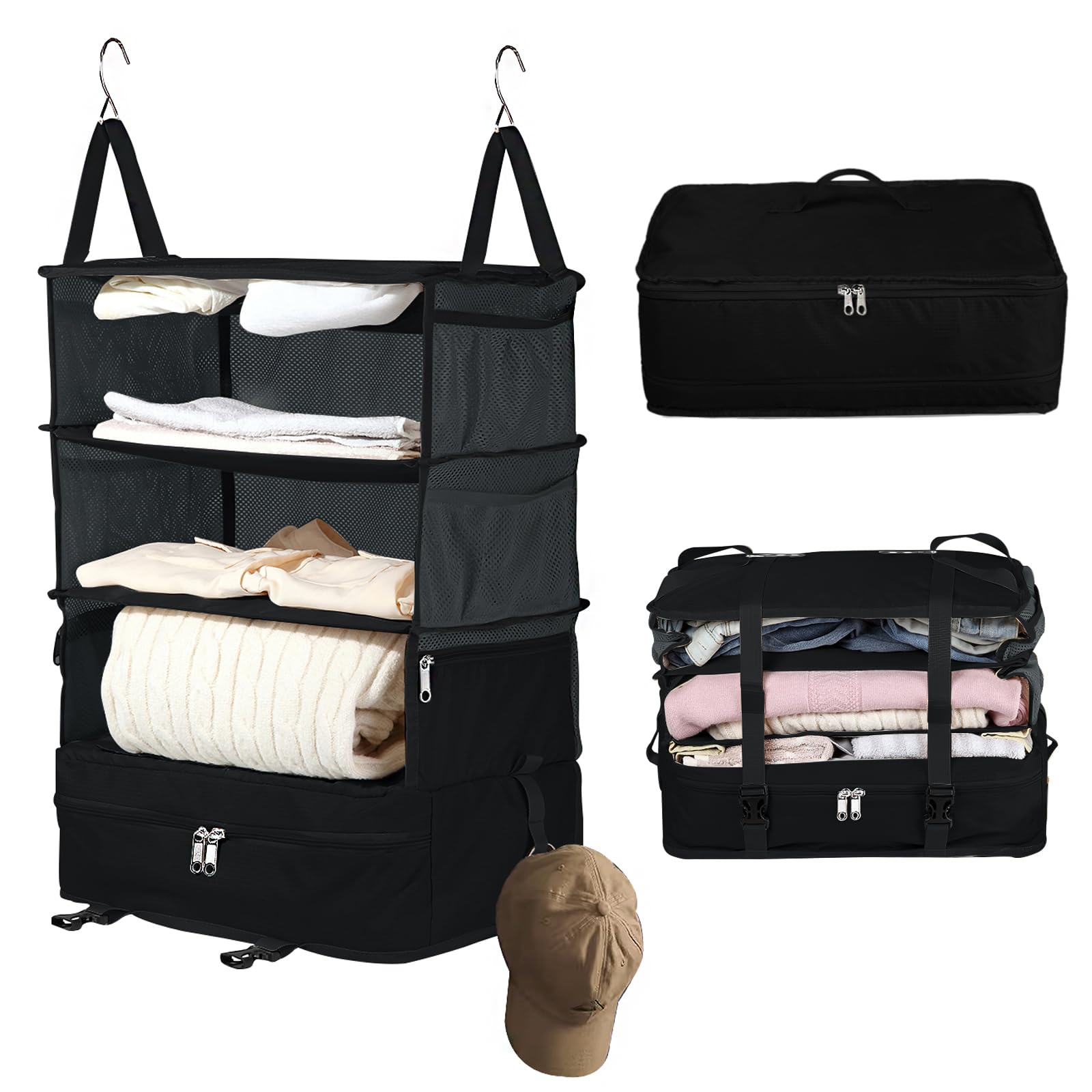 BukereBukere Hanging Travel Packing Shelves for Luggage Suitcase, Portable Cube Bag Organizer, Travel Essentials, Compression Closet Storage Organizer, X-Large Capacity