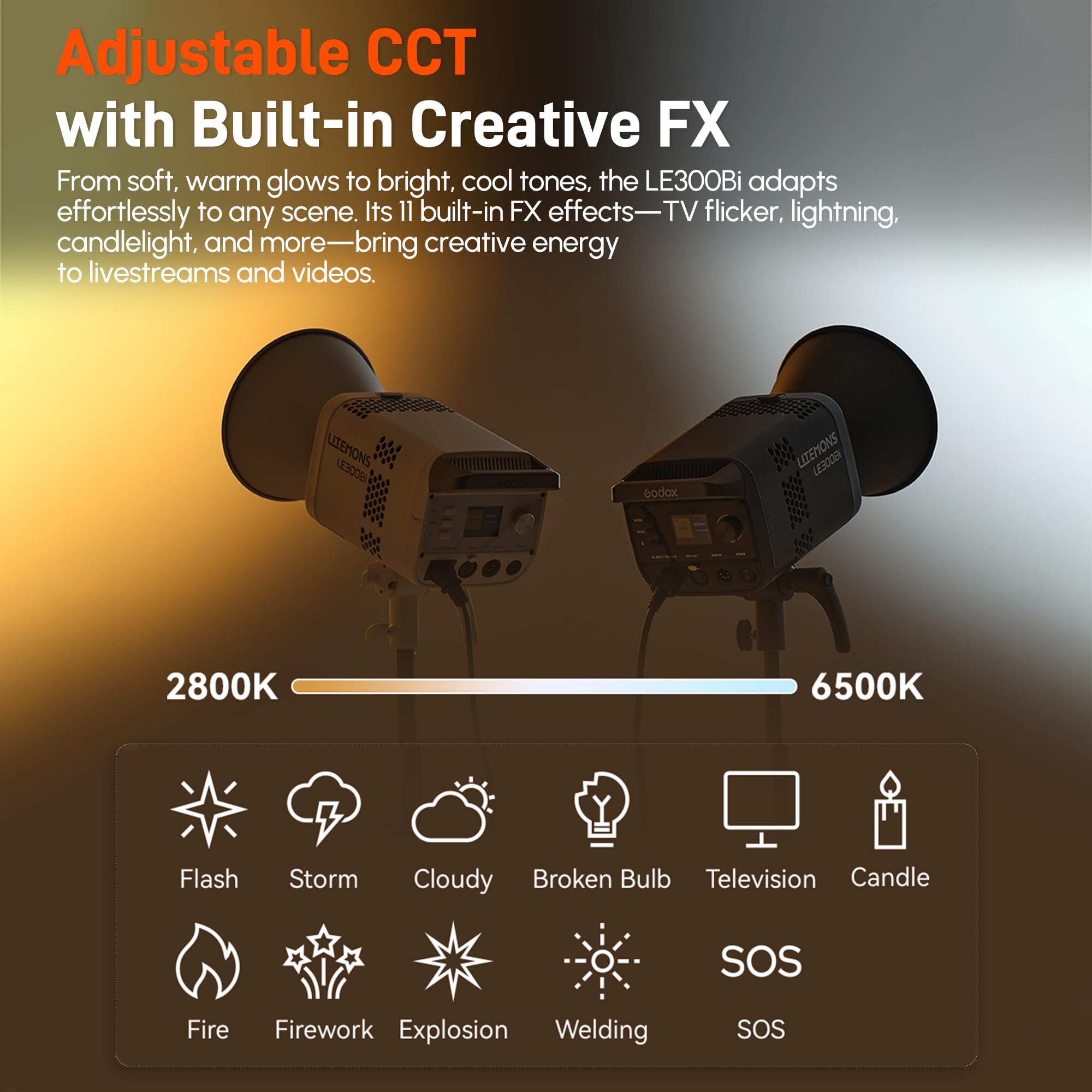 Godox Litemons LE300Bi LED Video Light,320W Bi-Color 2800K~6500K Portable Lighting Bowens Mount Continuous Lights,NFC Connection,Bluetooth App Control (White)