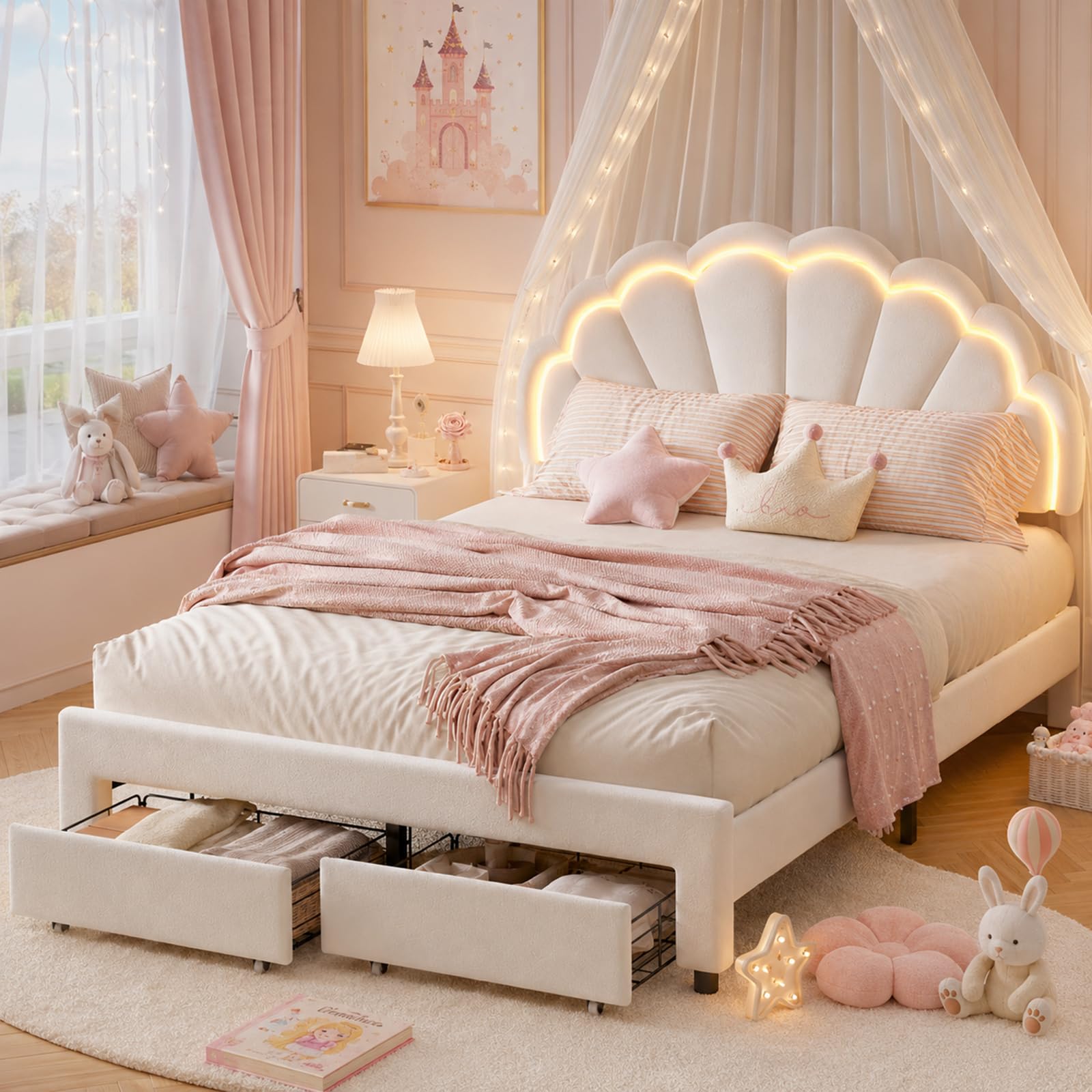 LKPOMI 4ft Princess Bed Frame Small Double Kids Bed 120 x 190 cm, White Velvet Upholstered Girls Bed With Petal LED Headboard And 2 Storage Drawers, Height Adjustable Headboard and Wooden Slats