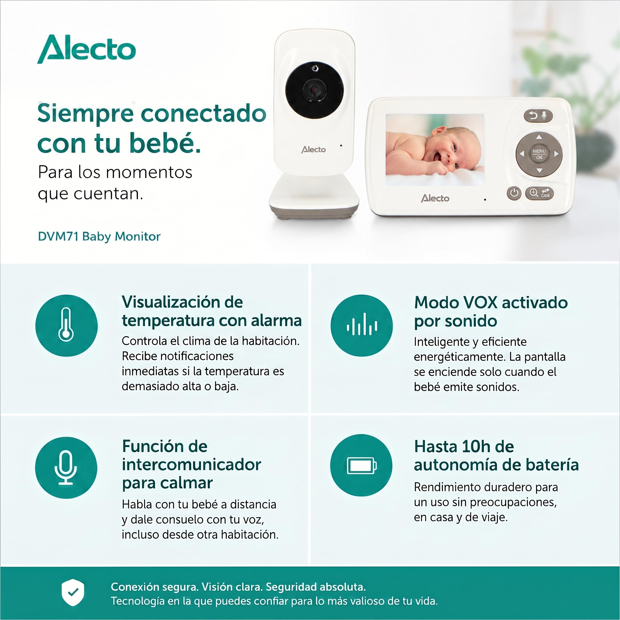 Alecto DVM71 - Vigilabebés con cámara, Monitor de bebé de 2,4 Pulgadas, Alcance de 50 m, batería de 10 Horas, Color Blanco/Topo