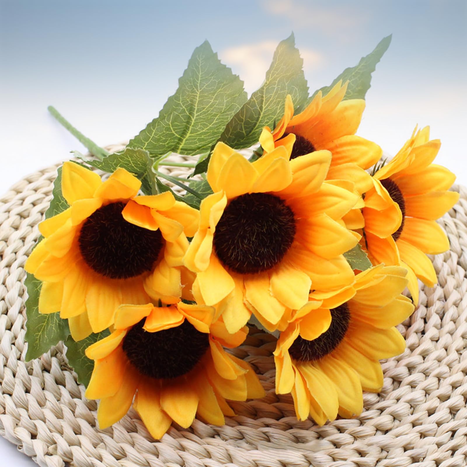 VINFUTUR Bouquet Tournesol Artificiel Avec Vase Blanc, Fausses Tournesol Fleurs Pour Décoration Florale, Salon, Chambre, Fête