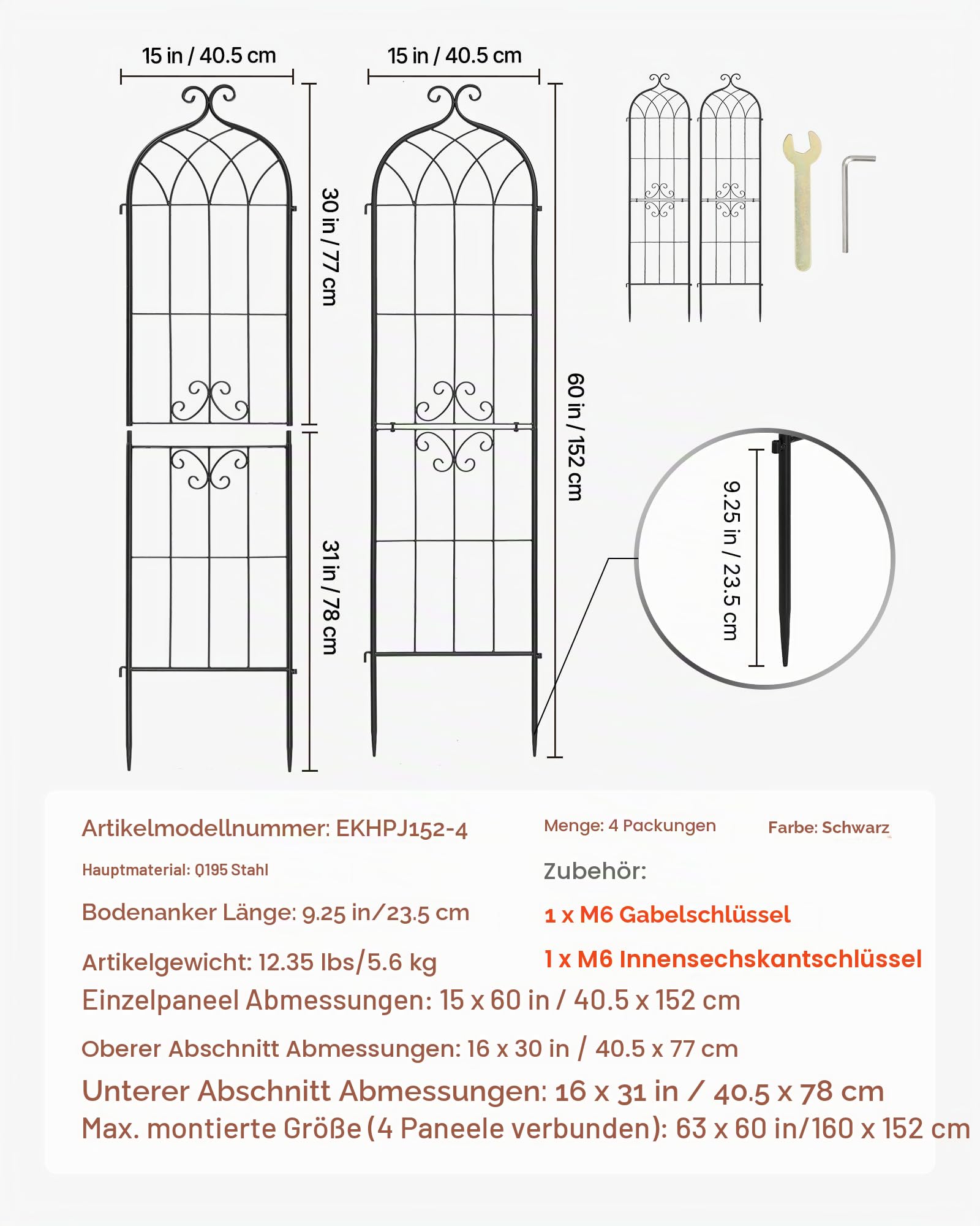 VEVOR Rankgitter, 152x40,5 cm 4er-Pack, Metall Rankhilfe mit Pulverbeschichteter Oberfläche & Verriegelungsmechanismus, Kletterhilfe, Garten Spalier, Pflanzengitter für Blumen, Gemüse & Rosen