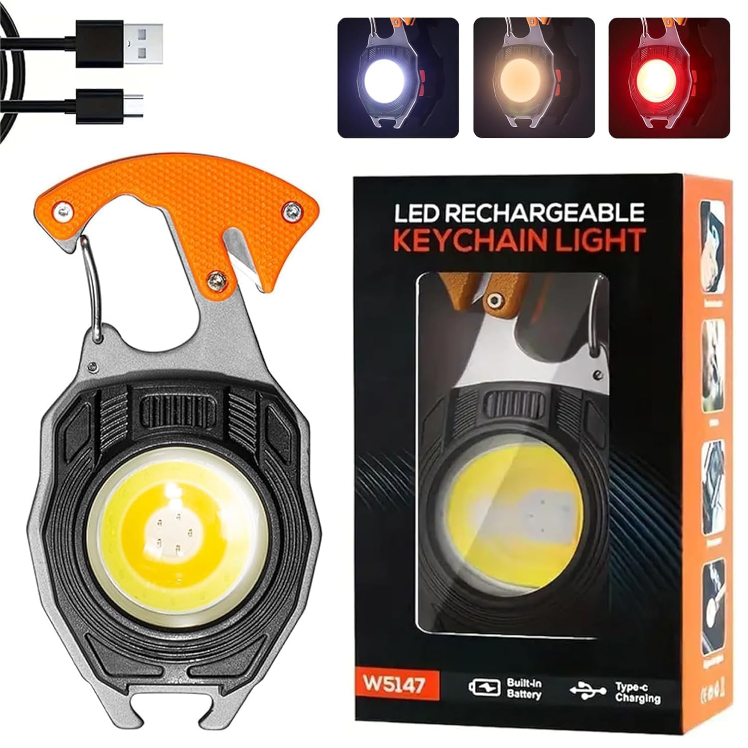 Prakalp Rechargeable LED Keychain Flashlight 800 Lumens, 7 Mode COB Work Light with USB-C Charging, Magnet Base, Bottle Opener, Whistle & Carabiner, Mini EDC Camping Emergency Torch, Orange (1Pcs)-image-24