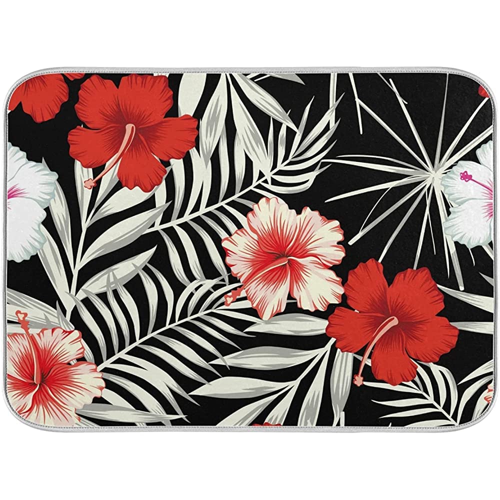 Alfombra Ducha 40X60cm, Flores De Hibisco Rojo Negro Alfombra Baño Suave Alfombra Entrada Antibacterianas Alfombrilla De Baño para Decorativa Pasillo Oficina
