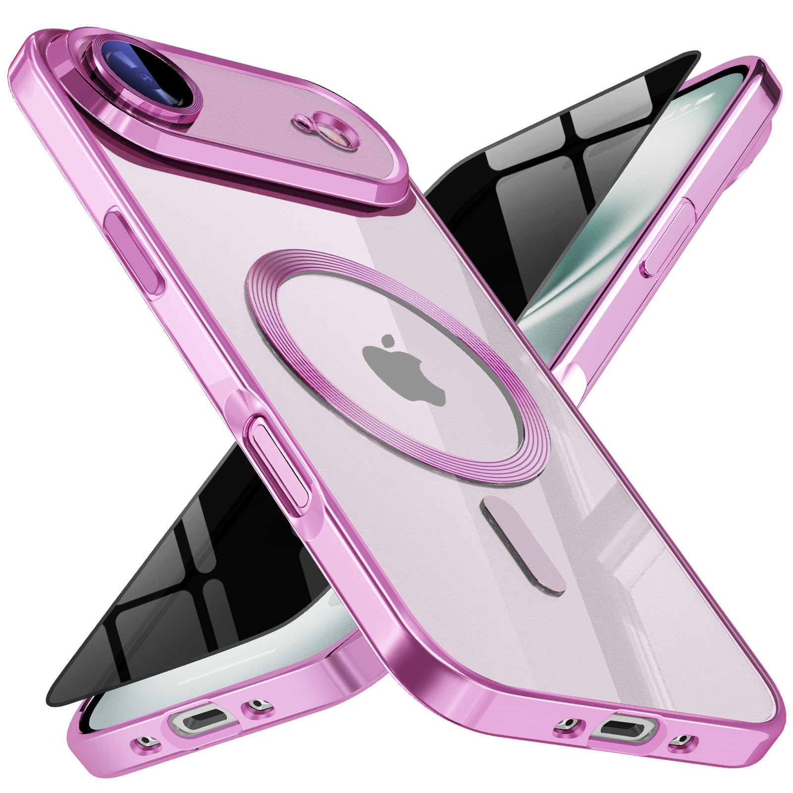 Magnetic for iPhone 17 Air Case with Privacy Screen Protector &amp; Full Camera Cover,[Non-Yellowing] Shockproof Clear Phone Case Compatible with MagSafe Women Girls for iPhone 17air,Hot-Pink