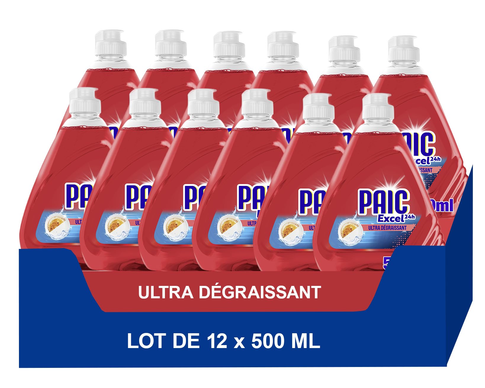PAIC - Liquide Vaisselle Excel DEFI24H Pamplemousse - Formule Ultra-Dégraissante et Pouvoir Désincrustant - Efficacité même sur Graisses Séchées - Lot de 12 x 500ml
