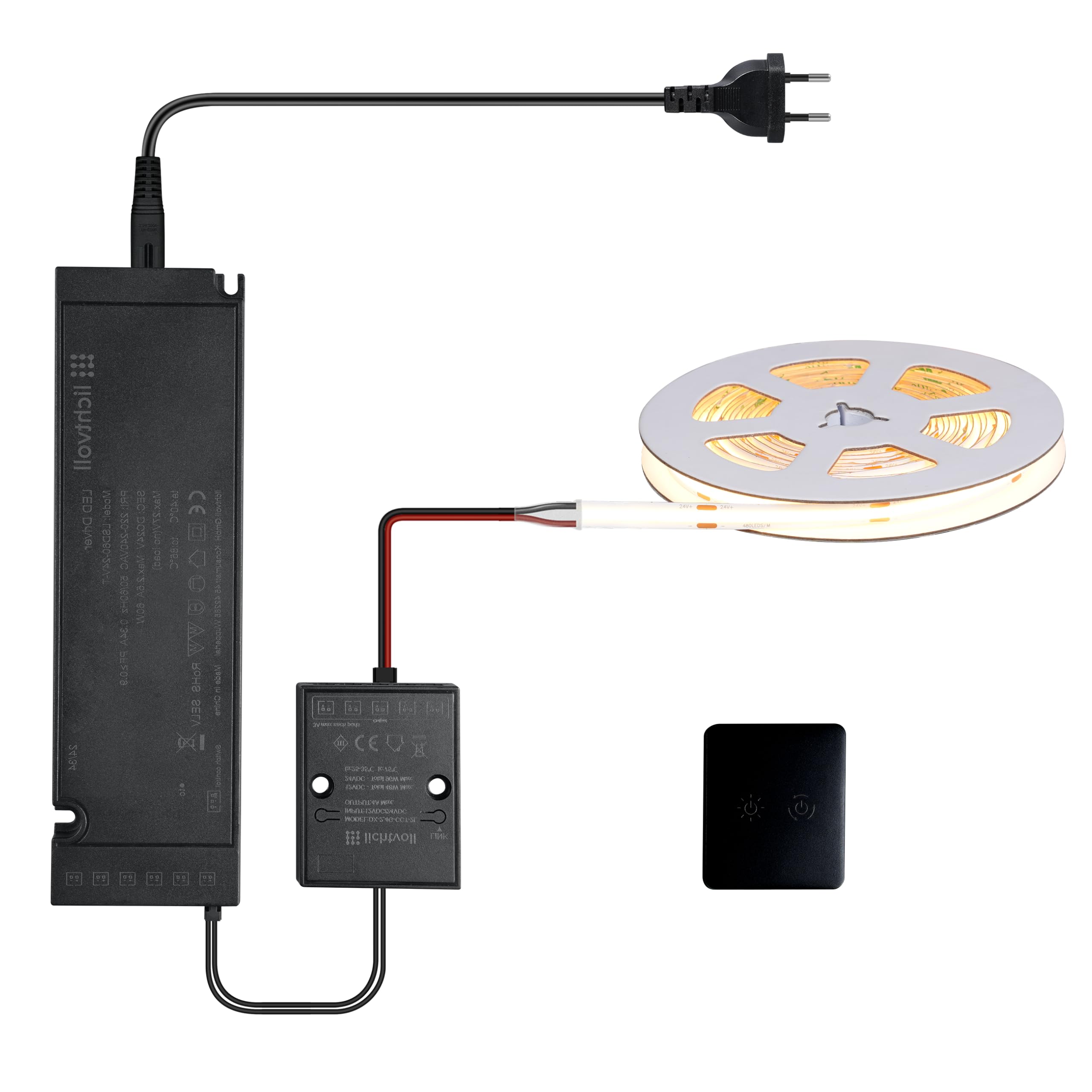 lichtvoll 24V COB Led Streifen Led Strip Led Band 5M 480LEDs/m, Flimmerfrei Dimmbar mit Touch-Schalter, 2.4G Controller 60W Netzteil, Geeignet für Küche Wohnzimmer, Kompatibel mit Alexa Hey Google