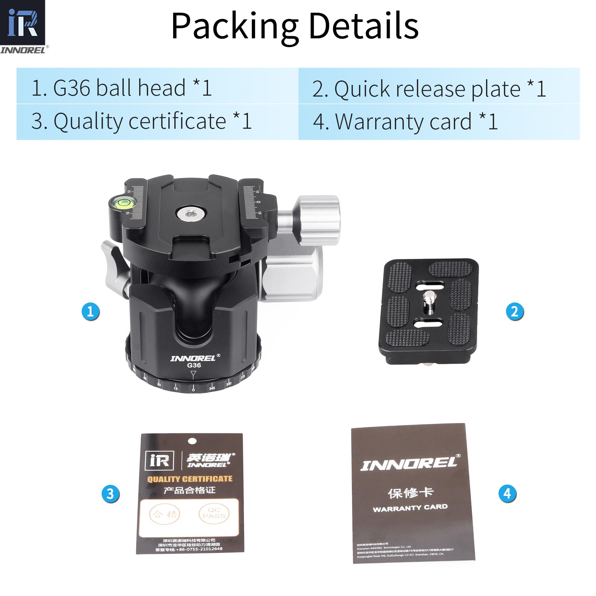 INNOREL Tête de Trépied Panoramique Métal CNC avec Plaque Rapide Arca Swiss 38mm Aluminium pour Trépied, Monopode, Reflex, Caméscope (G36)