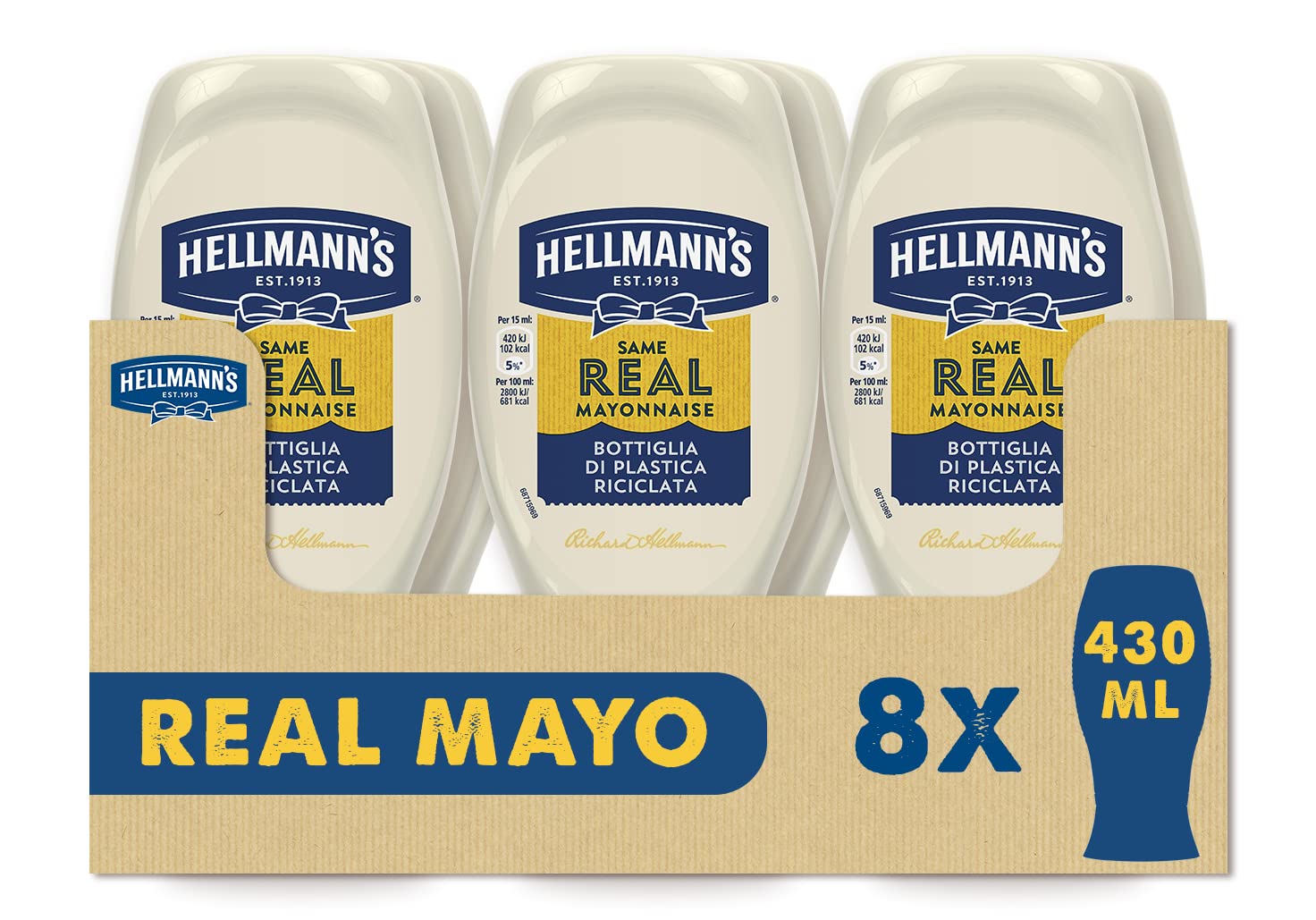 Hellmann's Maionese in Confezione Top Down, Maxiformato, 8 Pezzi da 430ml