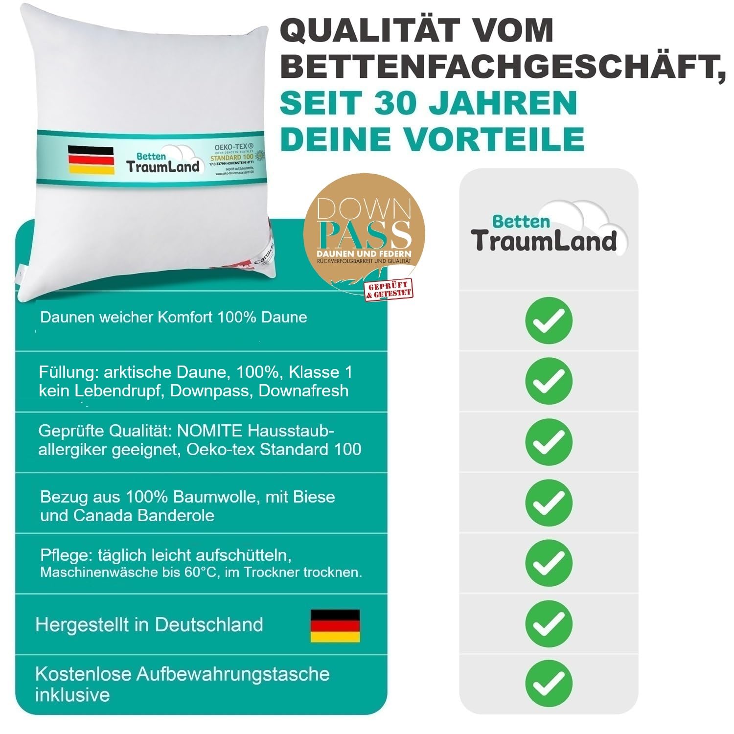 betten-traum-land Bauchschläferkissen Arktic 100% Daune 80x80 cm