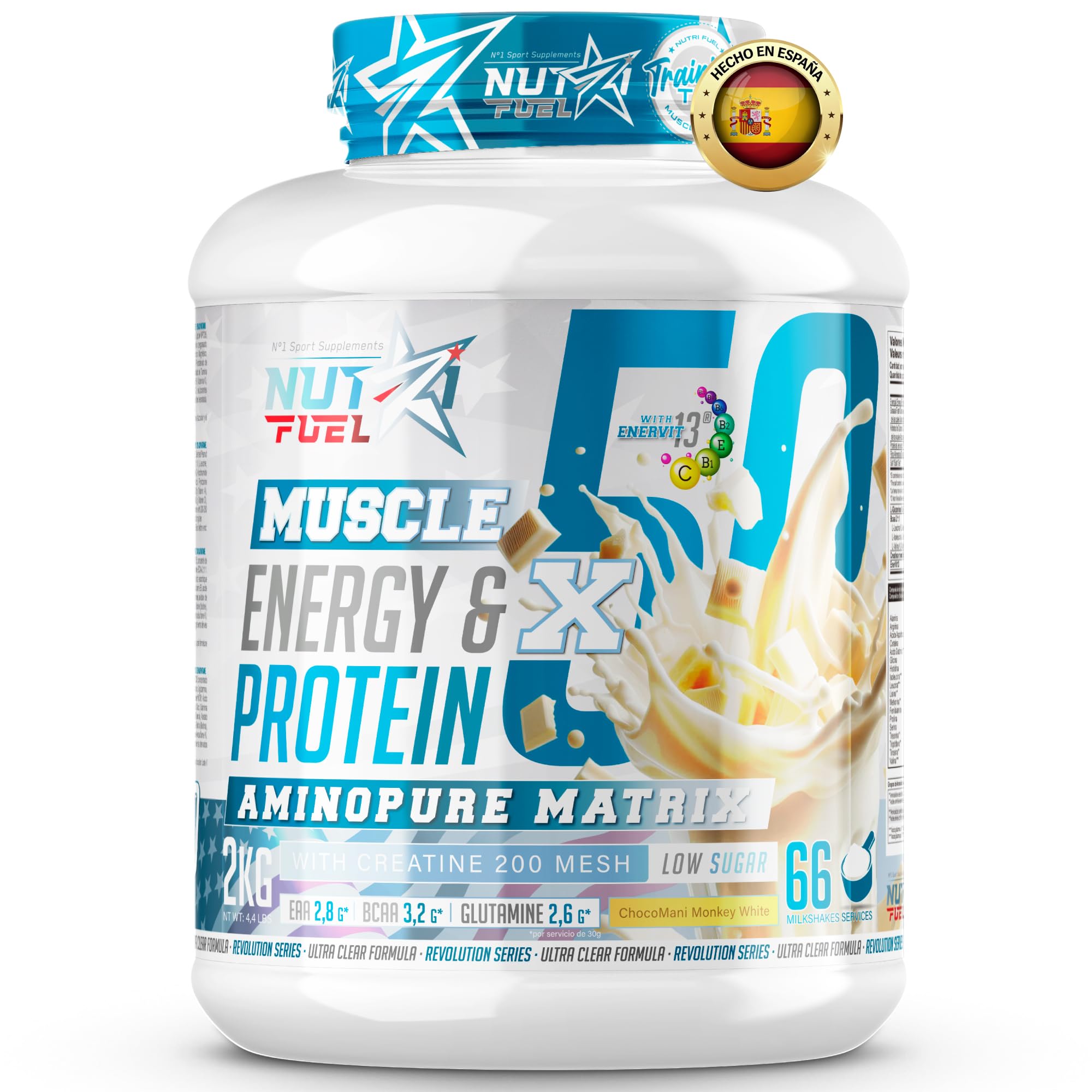 Proteína Whey Sabor ChocoMani White – Creatina + BCAA + EAA + Glutamina – Suplemento Deportivo – 2 kgAlta Energía, Recuperación Muscular, Suplemento Deportivo, Para Gym Fitness