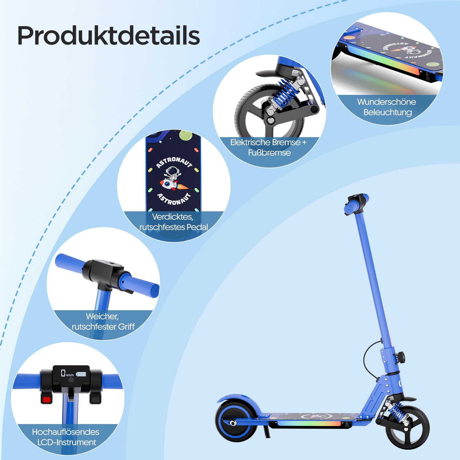 S5 Patín Eléctrico para Niños, Scooter Eléctrico Plegable con Luz LED, Llantas Todo Terreno de 6,5", Velocidad Máx. 14 km/h, para 6-14 Años, Azul