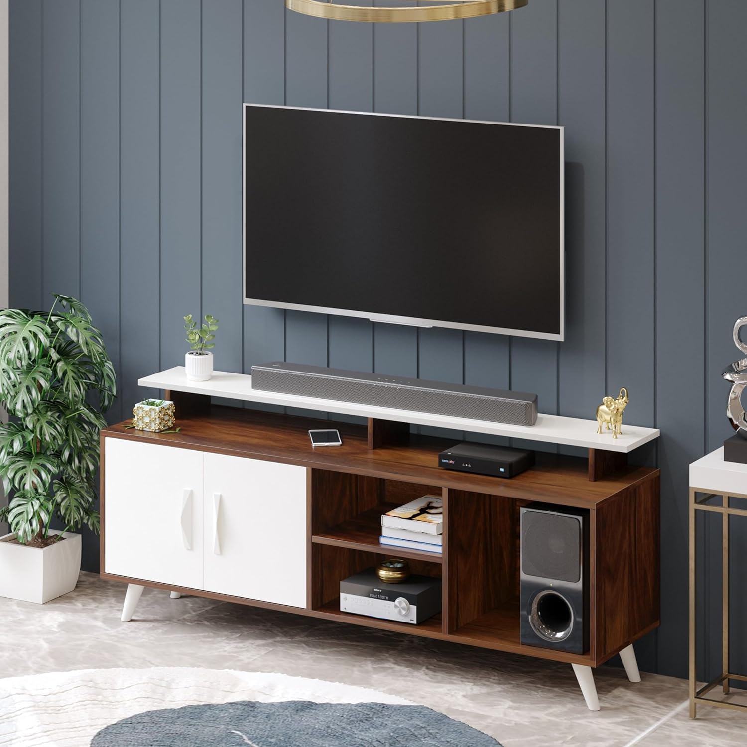 Furniture Café Wooden TV Stand with Cabinets & Open Shelves – Modern Entertainment Unit for Living Room with Storage Space for Set-Top Box, Speakers & Décor (Walnut & White Finish)-image-25