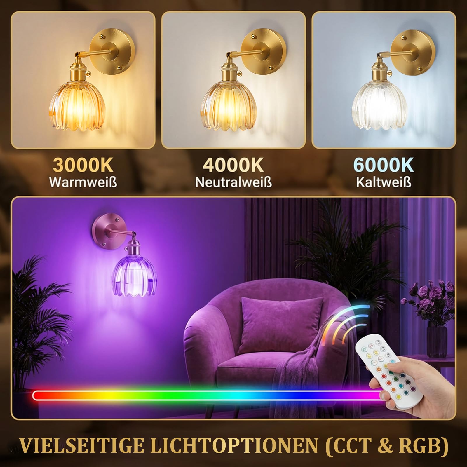 Akku Wandleuchte Innen 4000mAh Retro 2 Stück, Gold LED Wandlampe ohne Stromanschluss mit Glas Tulpe Schirm, Dimmbar & RGB Speicherfunktion Timer Fernbedienung für Schlafzimmer Flur Wohnzimmer