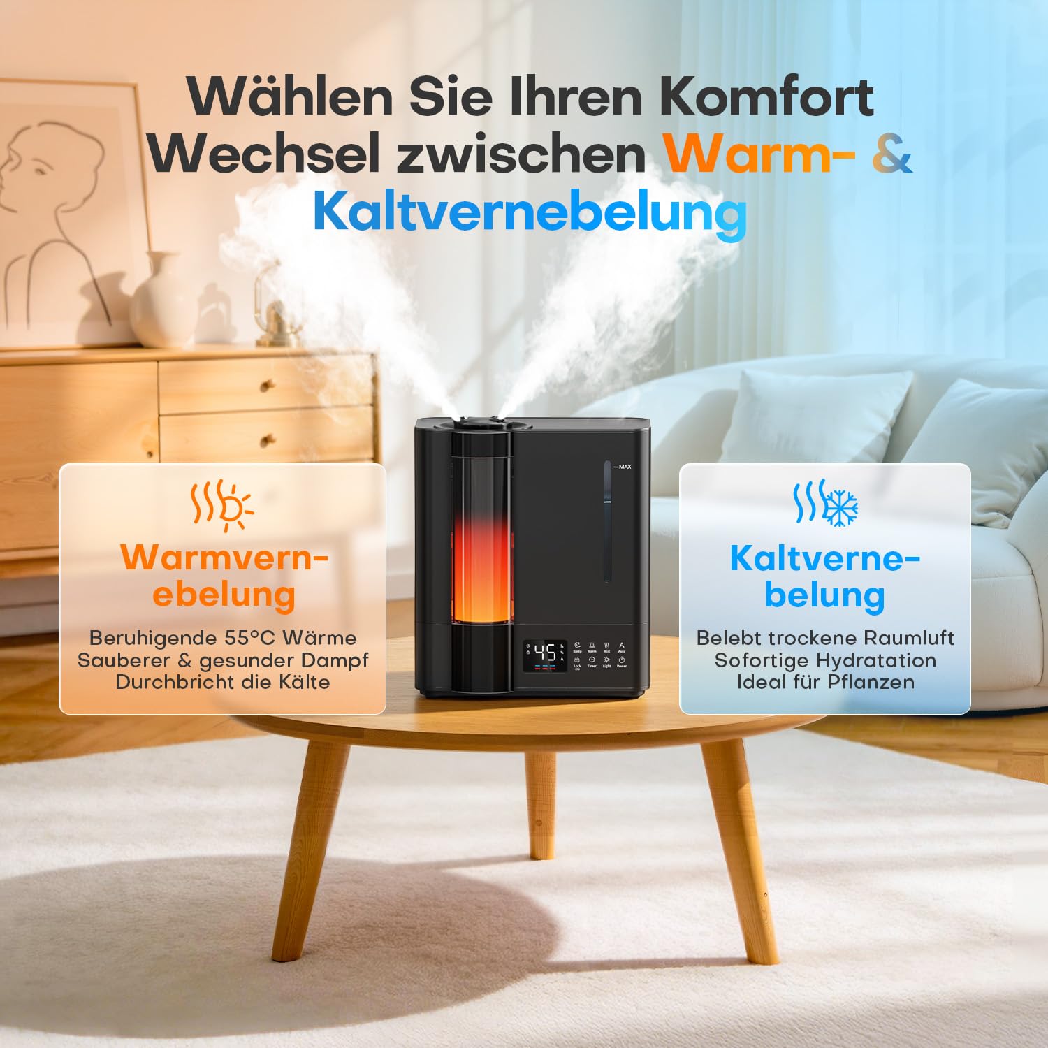 AROEVE 8L Luftbefeuchter Schlafzimmer, Warm- & Kaltnebel Luftbefeuchter für große Räume, Befüllung oben, Aroma Diffusor, Hygrostat, 60H/25dB Leiser Raumluftbefeuchter für Baby Kinderzimmer Pflanzen