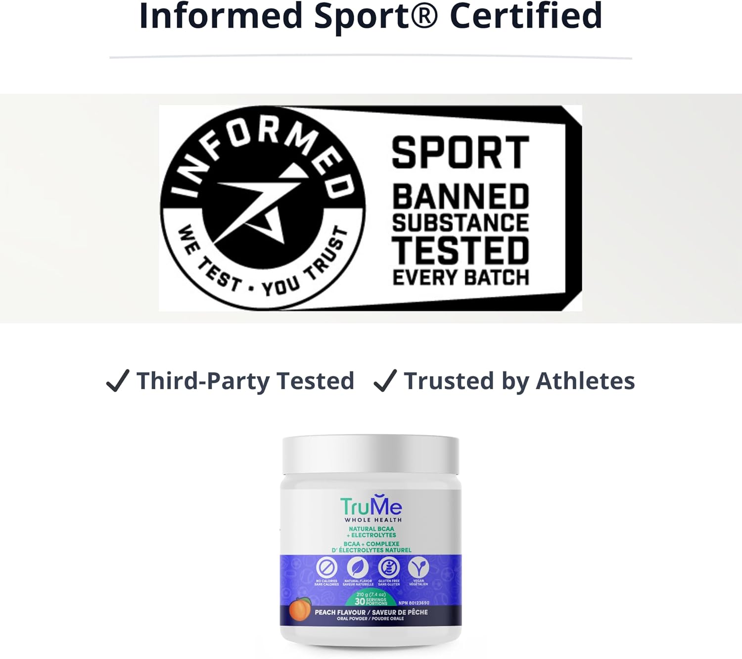 TruMe Informed Sport Certified BCAA EAA - Peach Banned Substance Tested Amino Acids | Electrolyte Hydration Recovery | 30 Servings