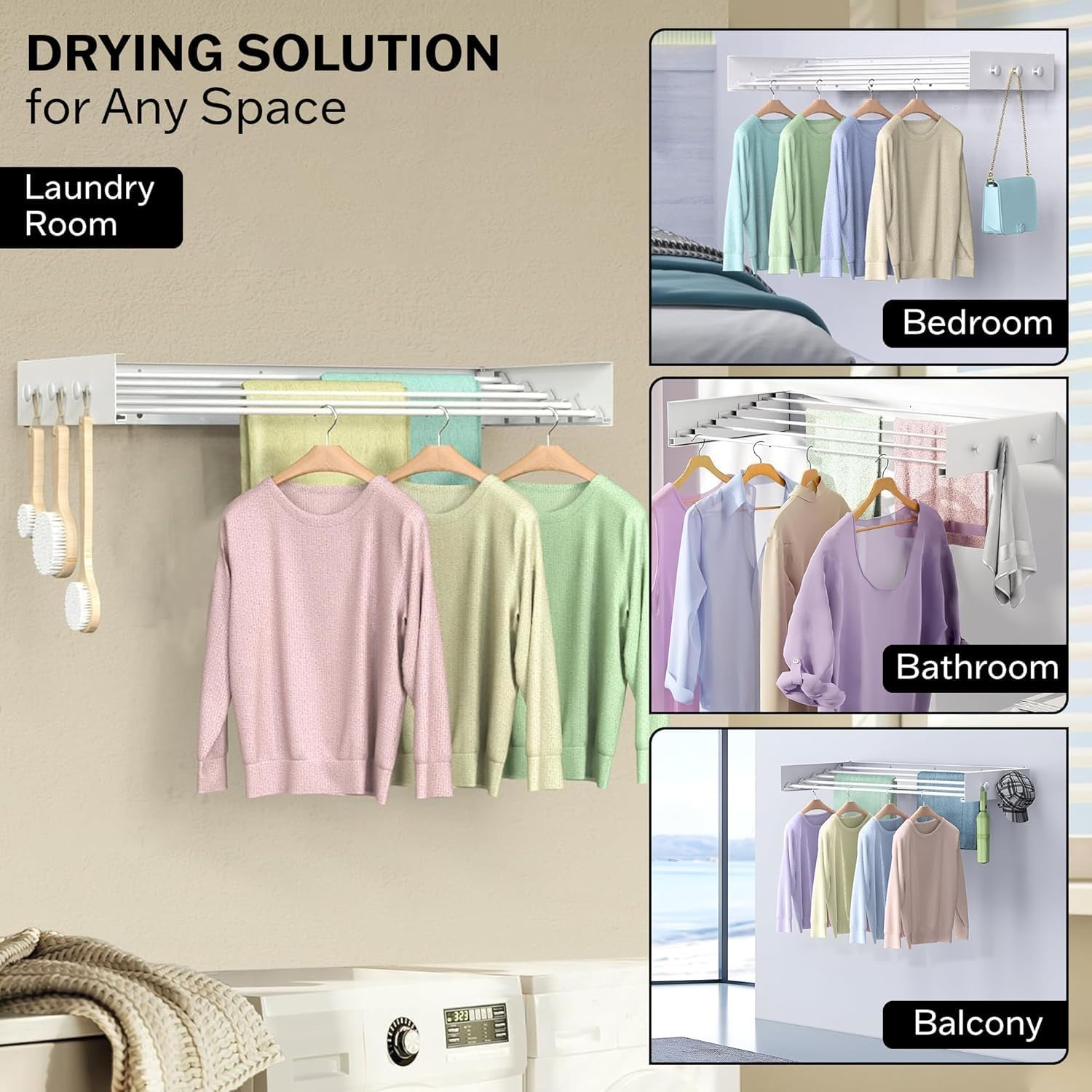 Wall Mounted Drying Rack for Laundry (31.5") – Wall Mounted Clothes Drying Rack – Retractable & Foldable Wall Mount Drying Rack with Carbon Steel Panel, 5 Aluminum Rods & 6 Hooks White
