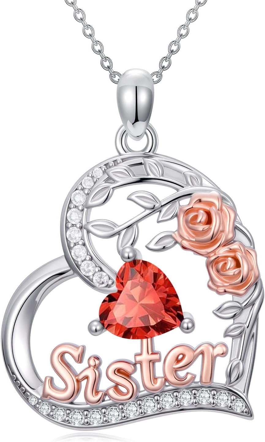 Sister Birthday Gifts for Sister 925 Sterling Silver Heart Rose Birthstone Necklace...