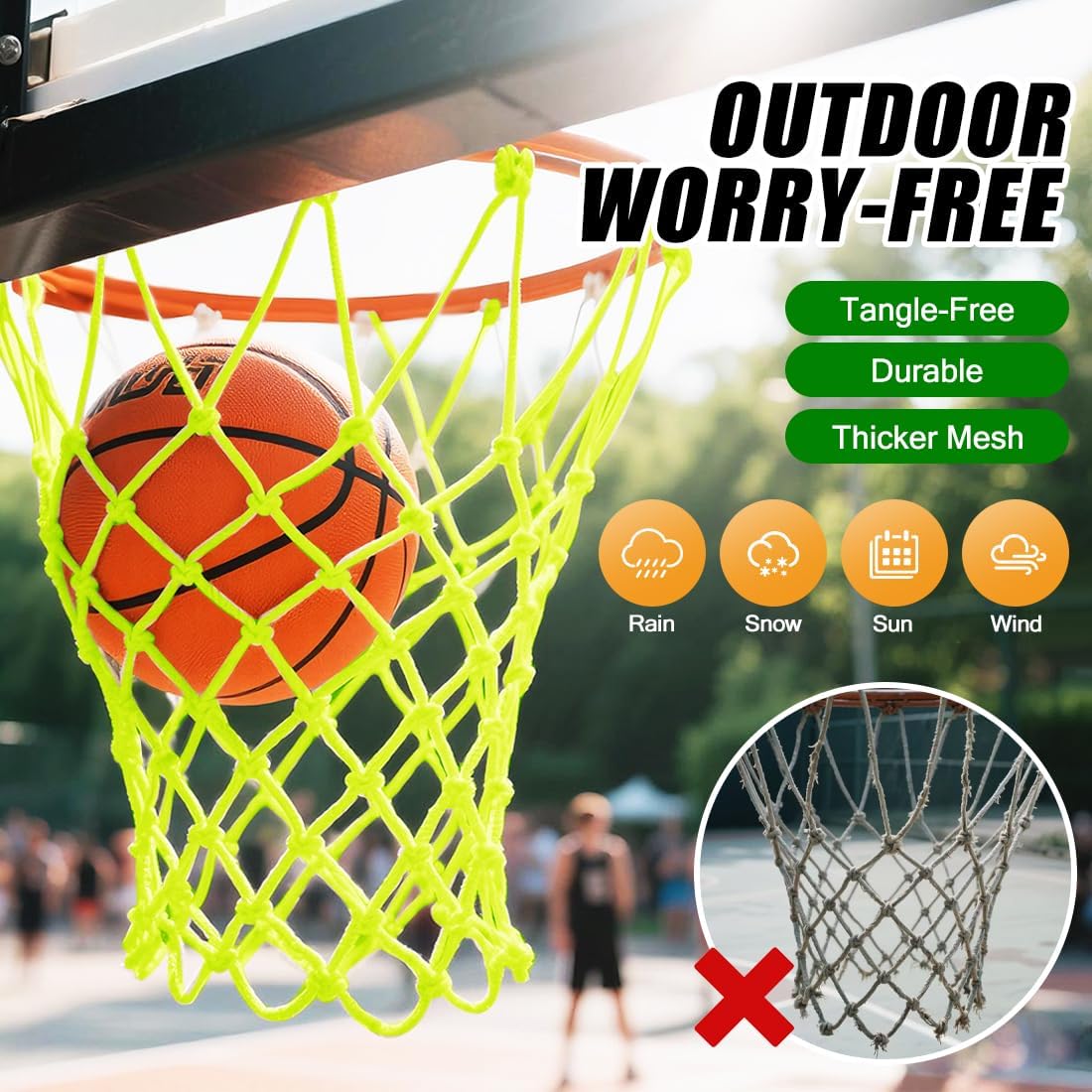 2PCS Glow in the Dark Basketball Net - Heavy Duty Outdoor Nightlight Light Up Basket Ball Hoop Net Replacement - Nylon Net Anti-Whip 12 Loops for Pool Beach Backyard - Sports Stuff Accessories Gifts
