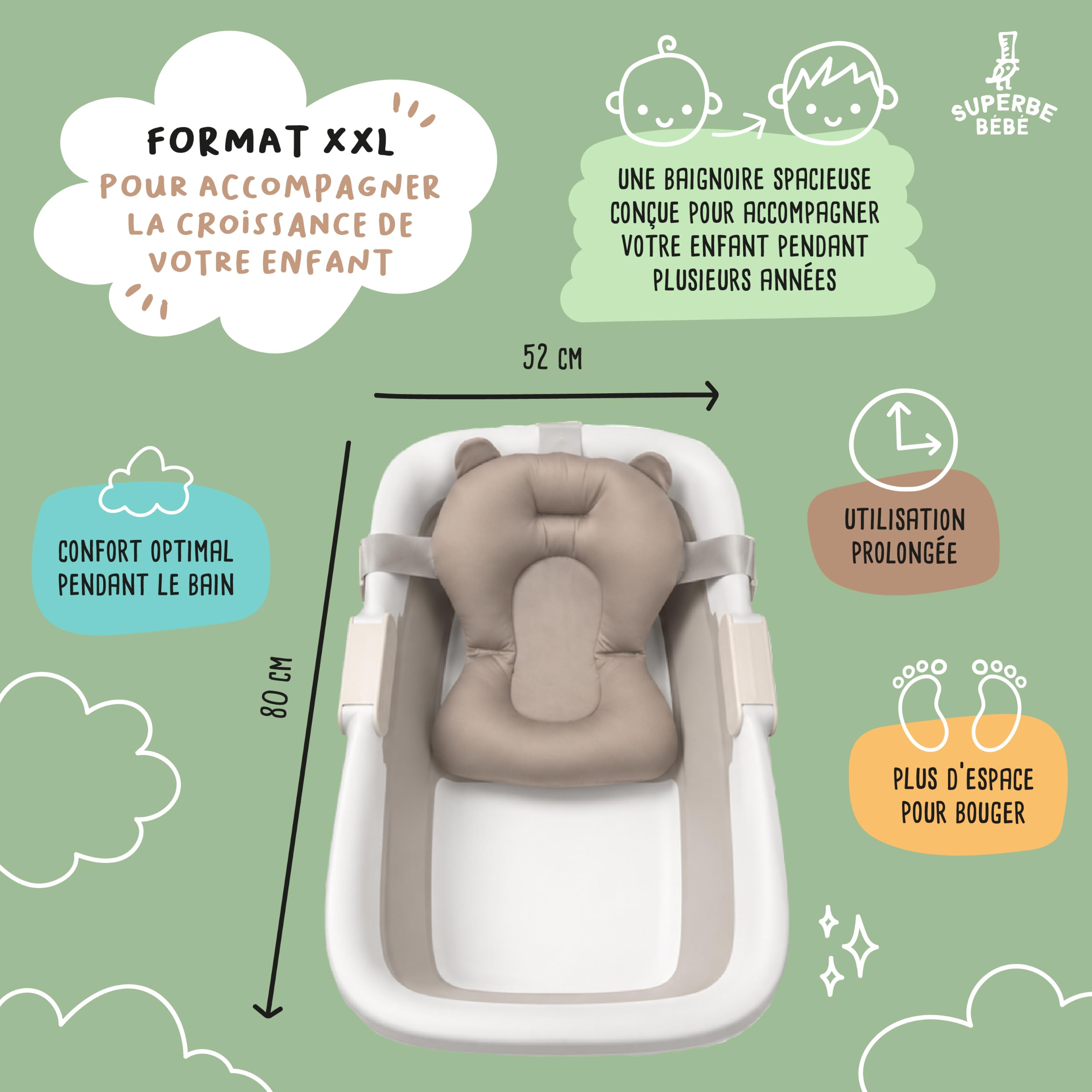 SUPERBE BEBE - Bañera de bebé XXL con cojín de baño para recién nacidos y lactantes