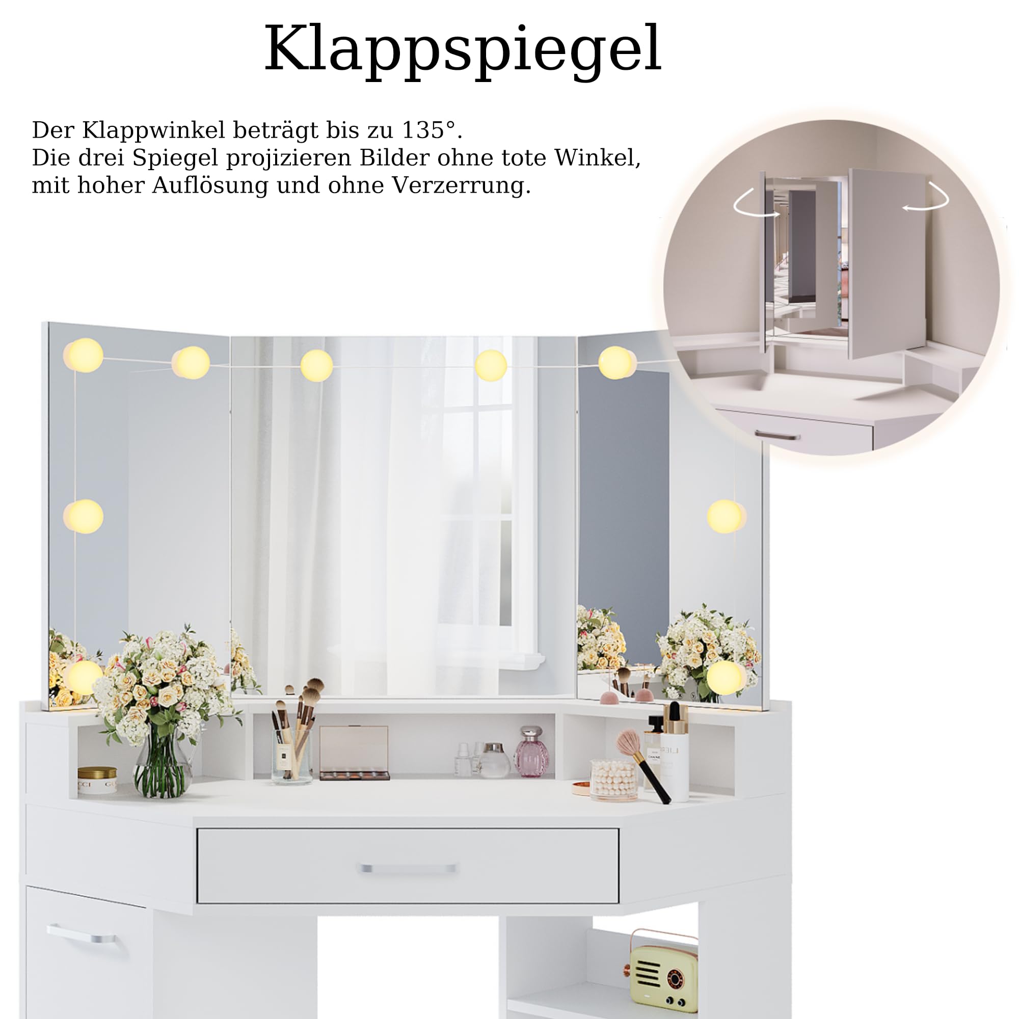 Eckschminktisch mit Spiegel klappbar Litchmodi einstellbare Großer Stauraum