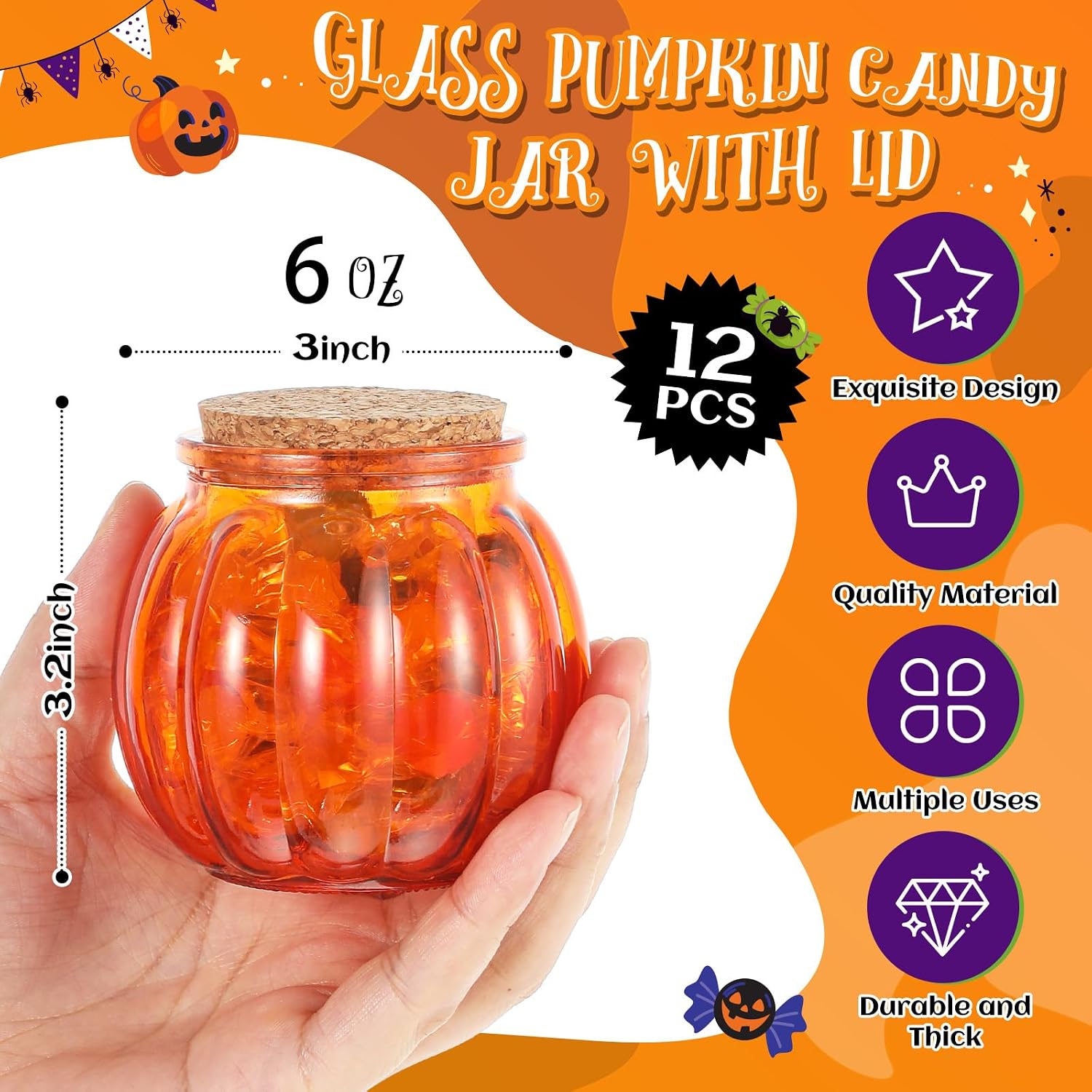 Vesici 12 Pcs Glass Pumpkin Candy Jars with Lid, Halloween Autumn, Orange