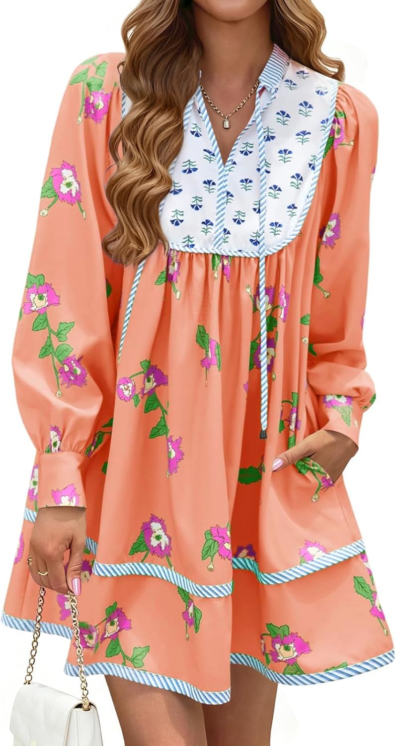 MAOECO Womens Floral Mini Dress V Neck Long Sleeve Patchwork Loose Babydoll Boho Flowy Short Shift Shirt Dresses