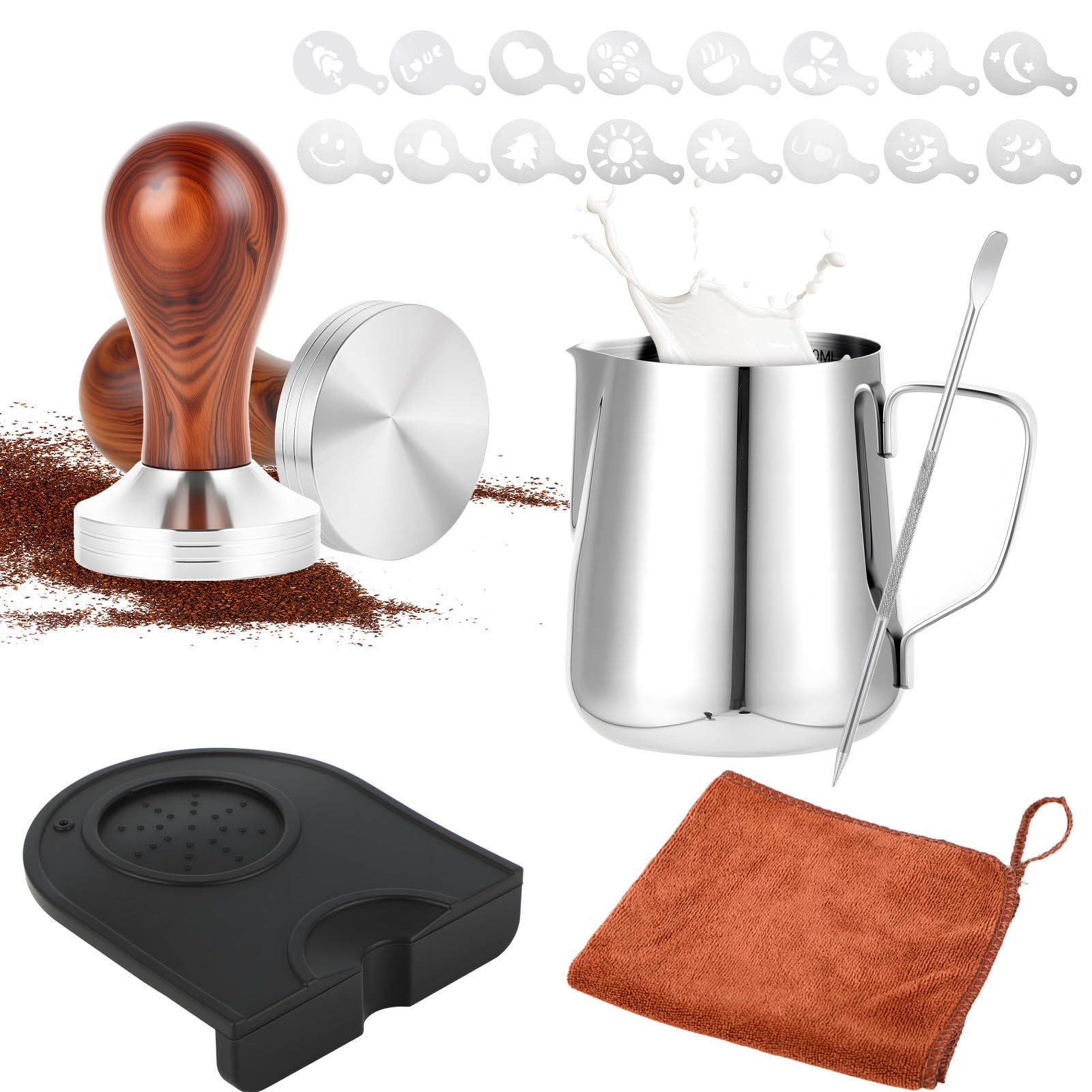 Atliberswo Coffee Tamper 51 mm Set, Espresso Tamper Accessories with 350 ml Stainless Steel Milk Jug and Latte Art Pen, 16 x Coffee Stencils, Espresso Tamper Mat, Cleaning Cloth