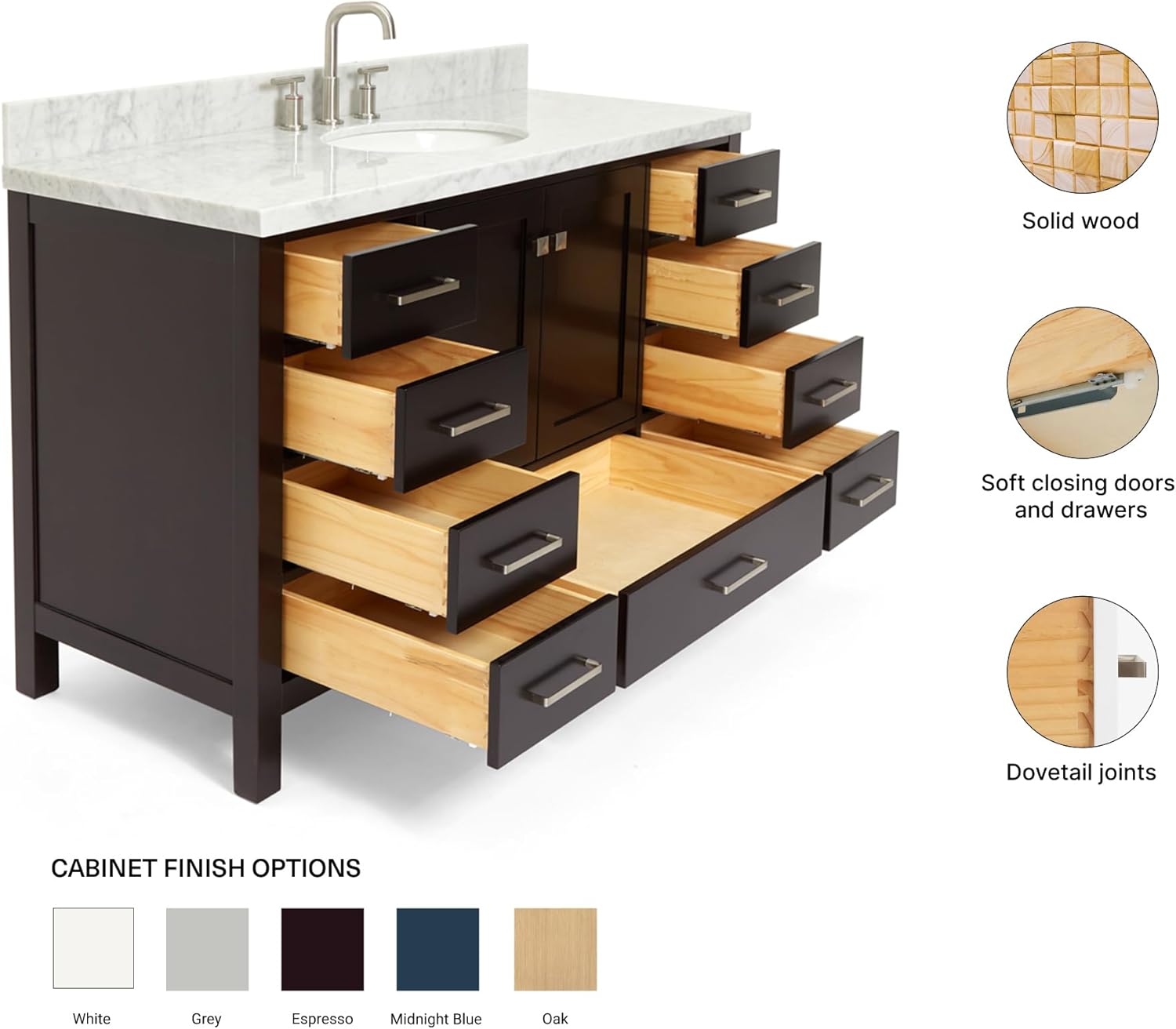 ARIEL Cambridge 54-inch Bathroom Vanity with Sink,Solid Wood, 1.5-inch Italian Carrara Marble Countertop & Backsplash, Single Oval Porcelain Sink, 2 Soft Closing Doors, 9 Dovetail Drawers, Espresso