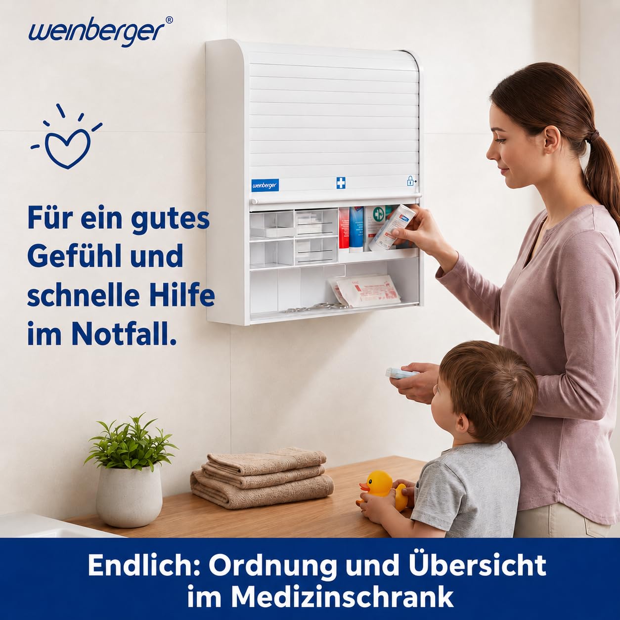 Weinberger Medizinschrank hängend mit 14 Fächern zur Aufbewahrung von Medikamenten & Erste Hilfe Material | Medikamentenschrank mit Kindersicherung & Jalousie I Hausapotheke, Arzneischrank in Weiß