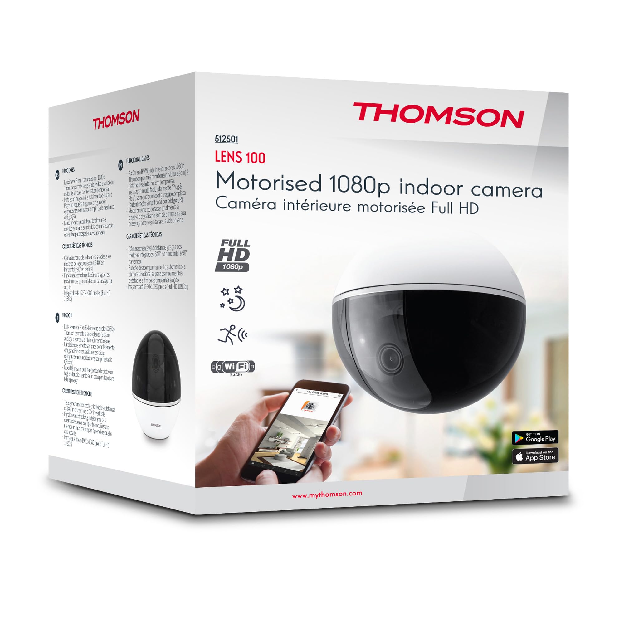 Thomson - Camera - Motoris Indoor, instalacja jest "Plug&Play", łatwa i szybka za pomocą QRCode, włożonej karty microSD (nie dołączona) - 512501