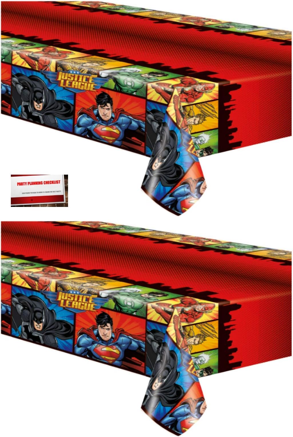 (2 Pack) Justice League Batman Superman Flash Aquaman Plastic Table Cover 54 x 84 Inches (Plus Party Planning Checklist by Mikes Super Store)
