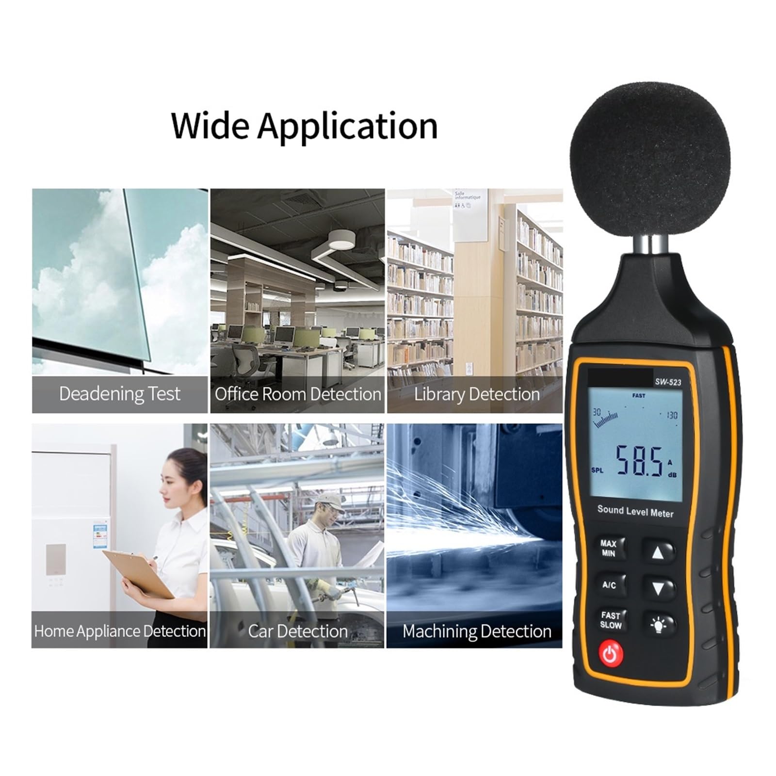 Fonometro Misuratori di decibel ad alta precisione Sonometro digitale Misuratore rumore con ponderazione CA e funzione spostamento automatico, Guardia audio